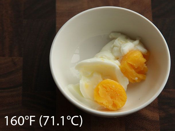鸡蛋煮熟的真空在160°F (71.1°C) 40分钟。