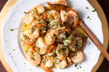 a plate of Shrimp Scampi With Garlic, Red Pepper Flakes, and Herbs
