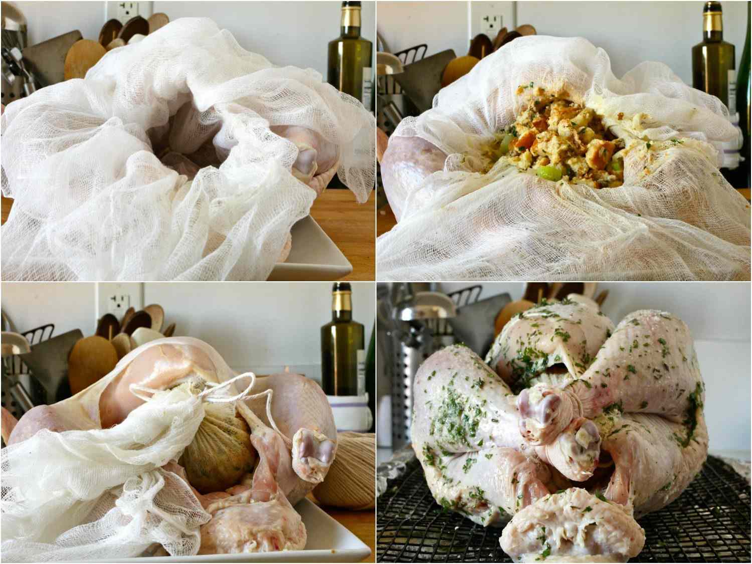 拼贴的填充物包裹在粗棉布和填充在火鸡。