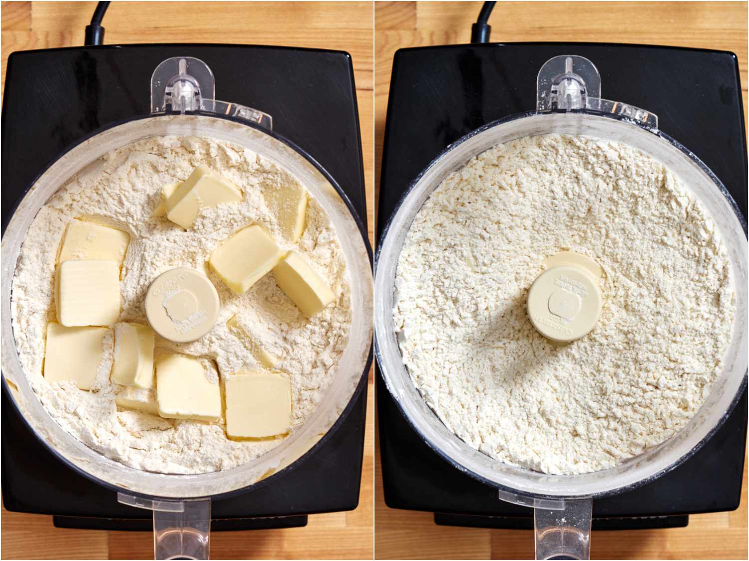 拼贴画:将黄油和面粉混合成方形，在搅拌前后产生粗糙的纹理
