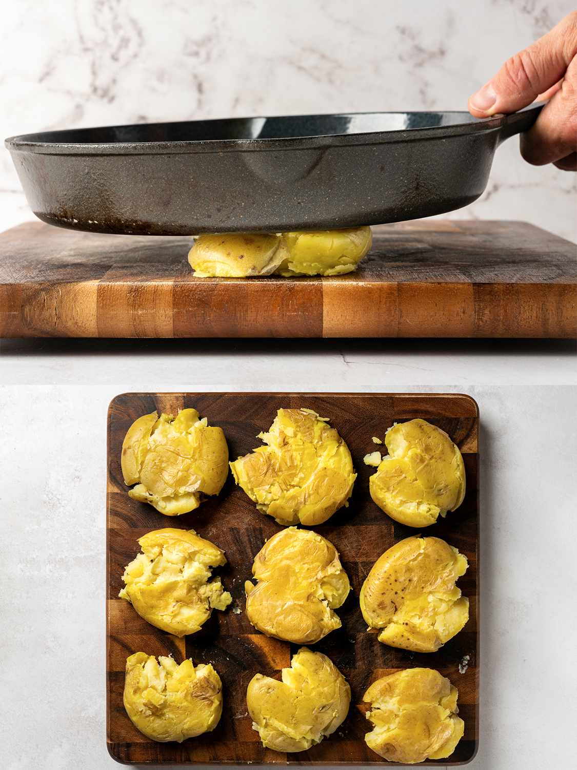 两幅图像的拼贴画。上图显示了一个放在木砧板上的煮土豆，被铸铁煎锅压扁。下面的图片显示了一个木制砧板，上面有9个碎土豆排成网格状。