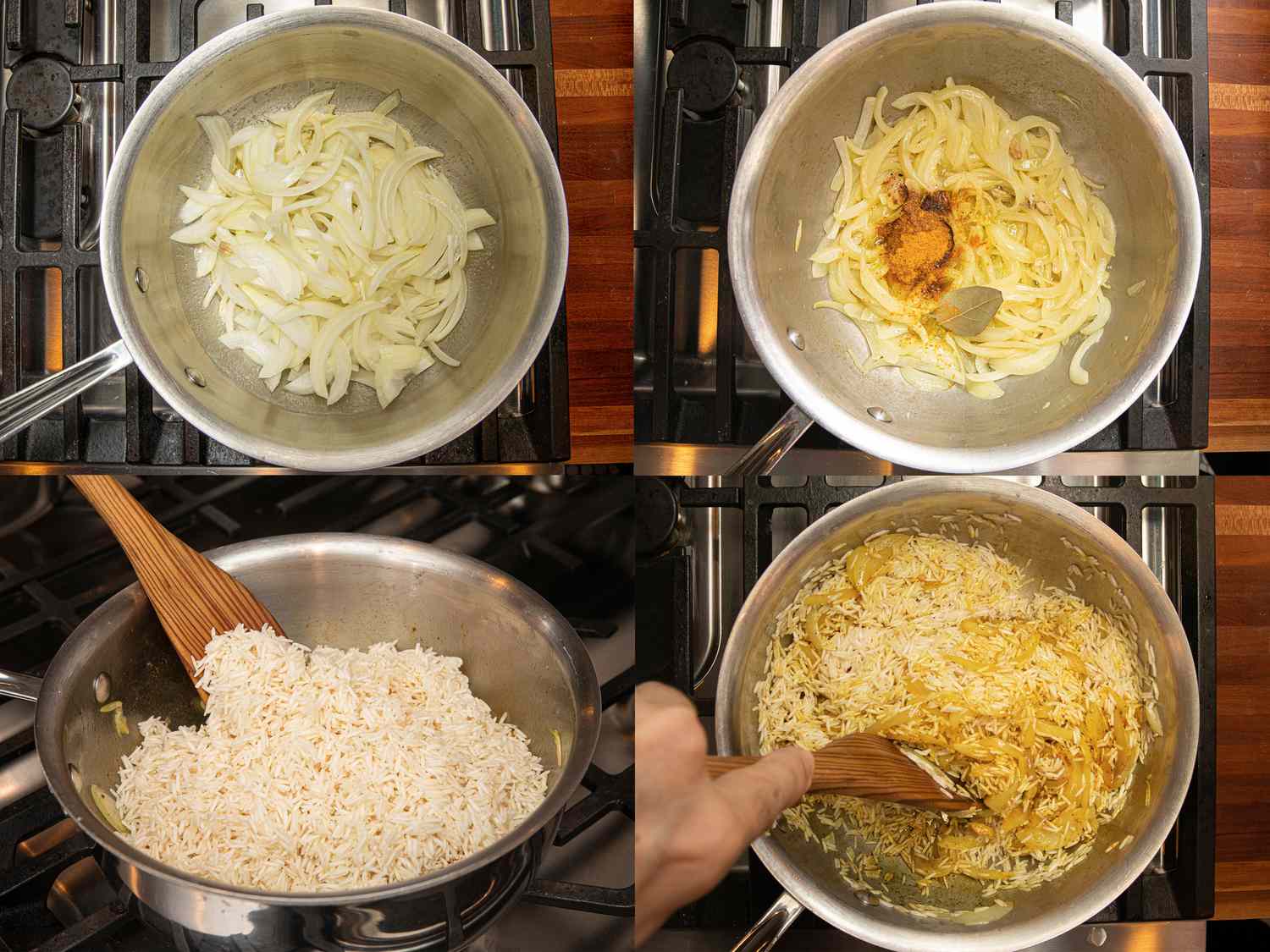 四个图像拼贴顶视图的洋葱,调味料添加,大米被添加,一切被搅拌在一起