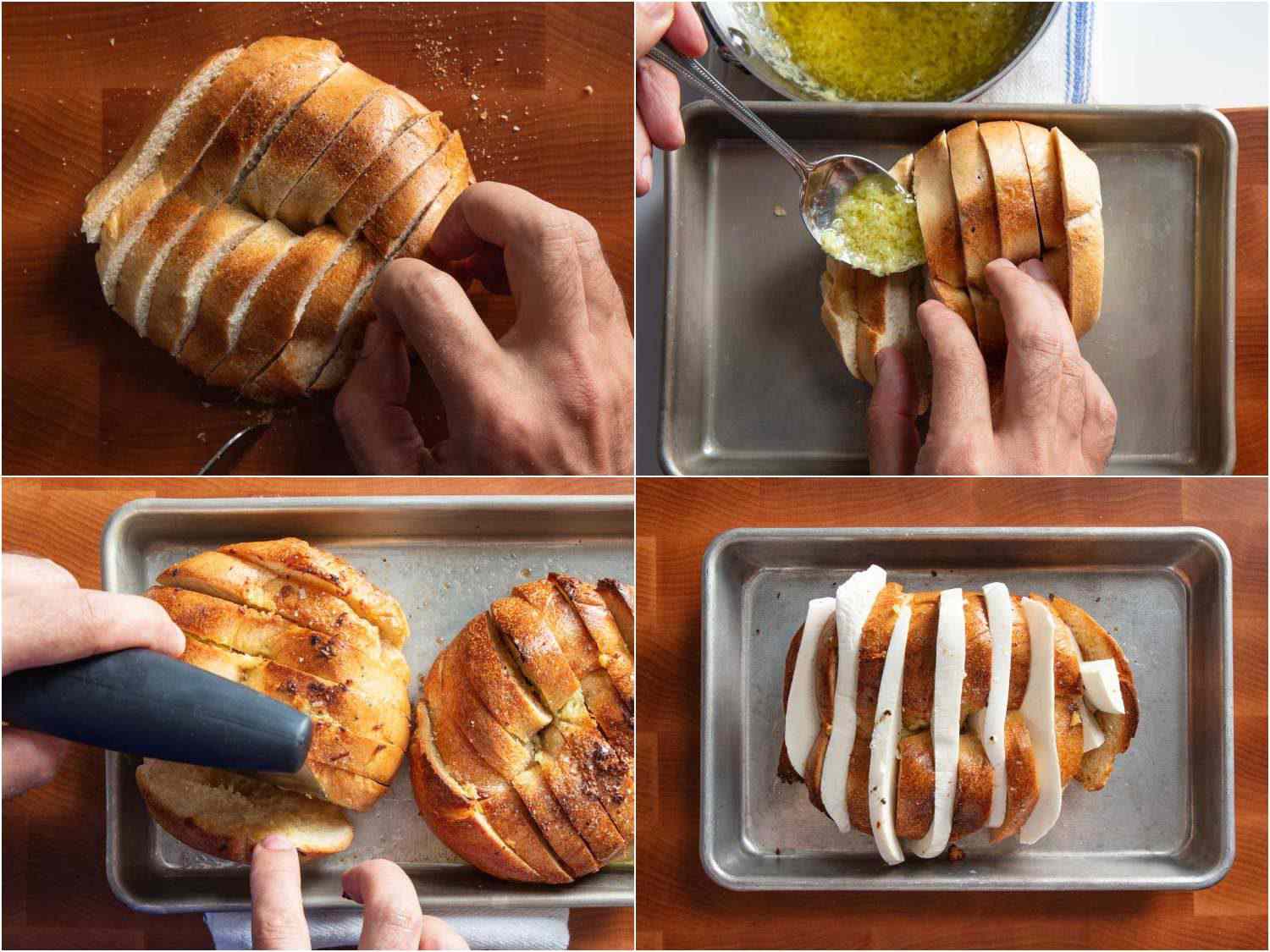 这是一组制作过程的拼贴照片，展示了一个百吉饼被像哈萨克土豆一样垂直切开，然后淋上大蒜黄油，每条缝里都塞着马苏里拉奶酪