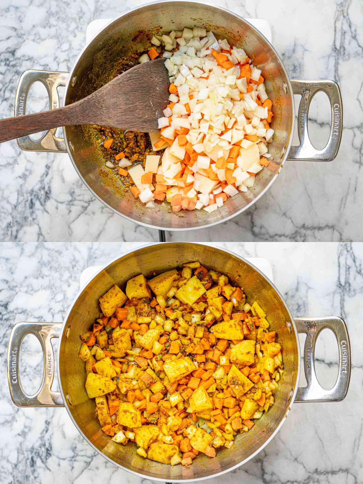 两个图像拼贴的蔬菜添加到锅和调料