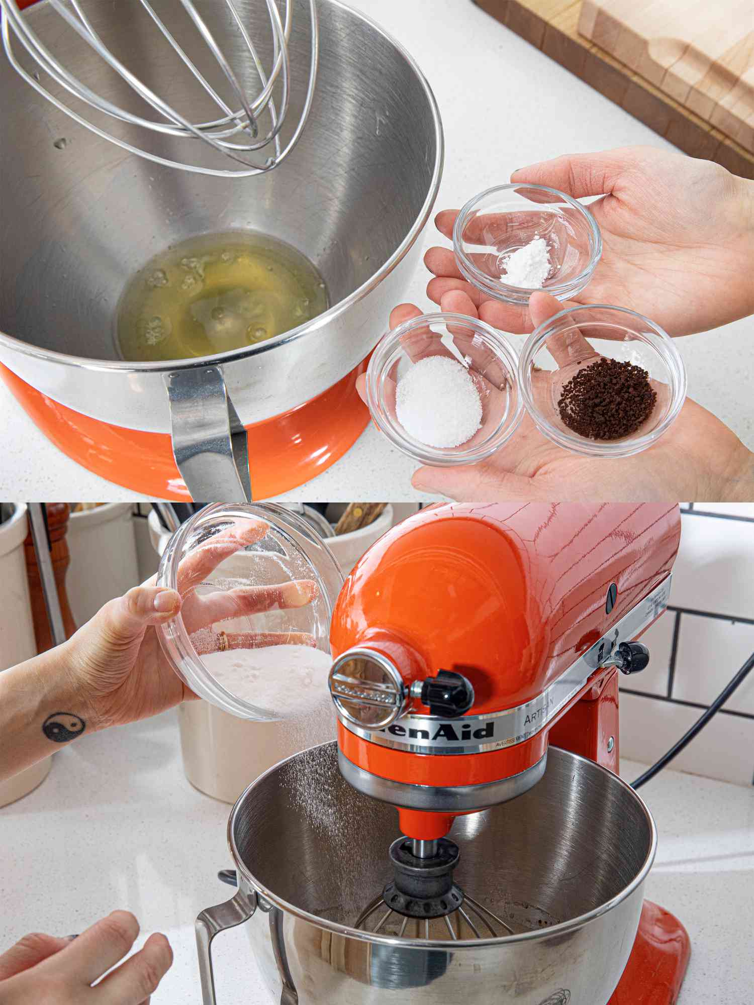 Two image collage of a pair of hands holding chocolate, cream of tartar and salt in three small bowls in front od stand mixer and then adding sugar to standmixer