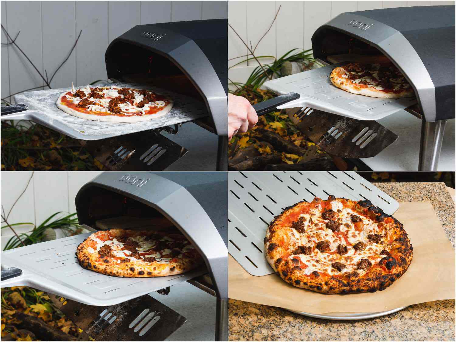 拼贴画显示亚美尼亚披萨被放在户外披萨烤箱，旋转以确保烹饪均匀，披萨从烤箱中出来