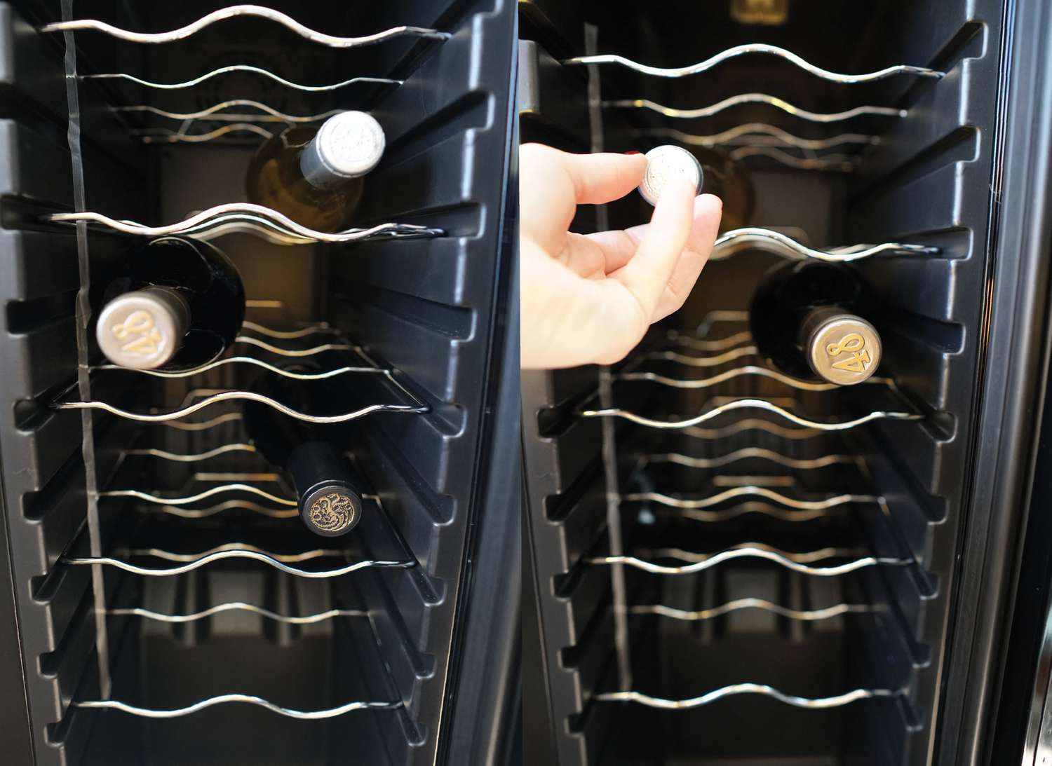 a wine fridge with three bottles of wine in it and a hand removing a bottle of wine from a wine fridge
