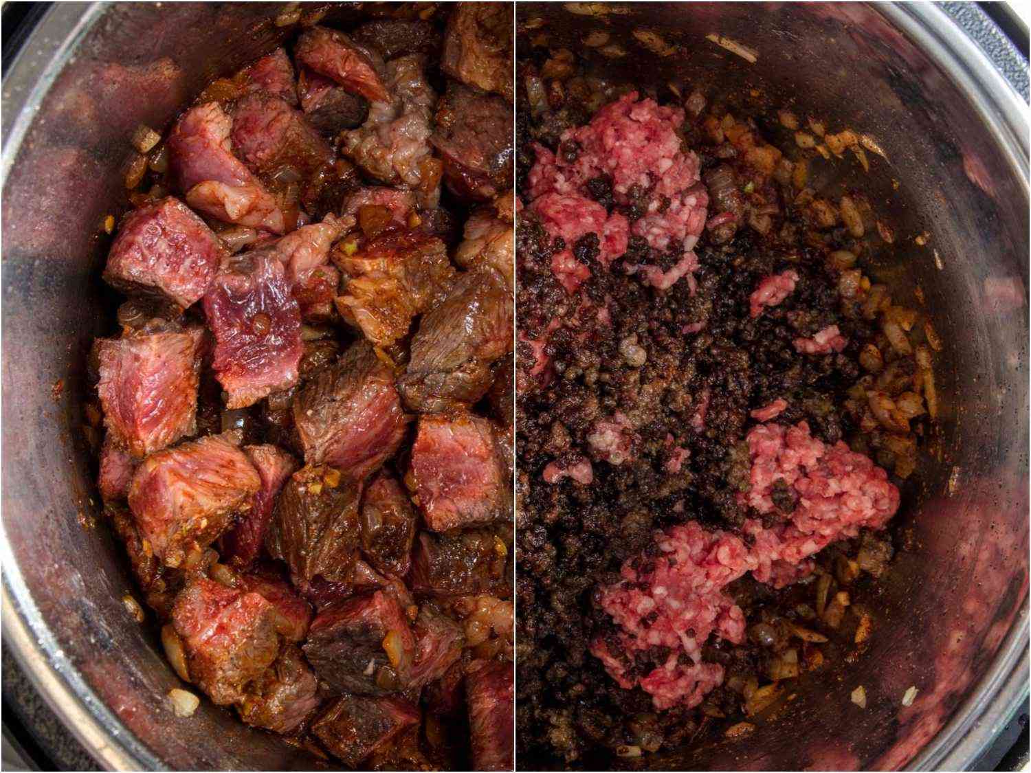 两张牛肉的图片(磨碎并切成块)在高压锅里做辣椒