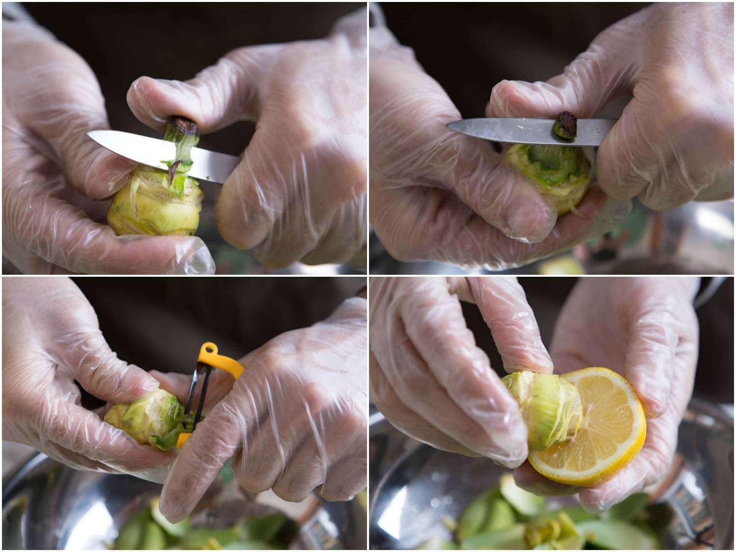 在清洗干净的小洋蓟上修剪茎的拼贴画:用削皮刀切掉坚韧的绿色茎，用y型削皮器削皮，用柠檬摩擦清洗干净的洋蓟