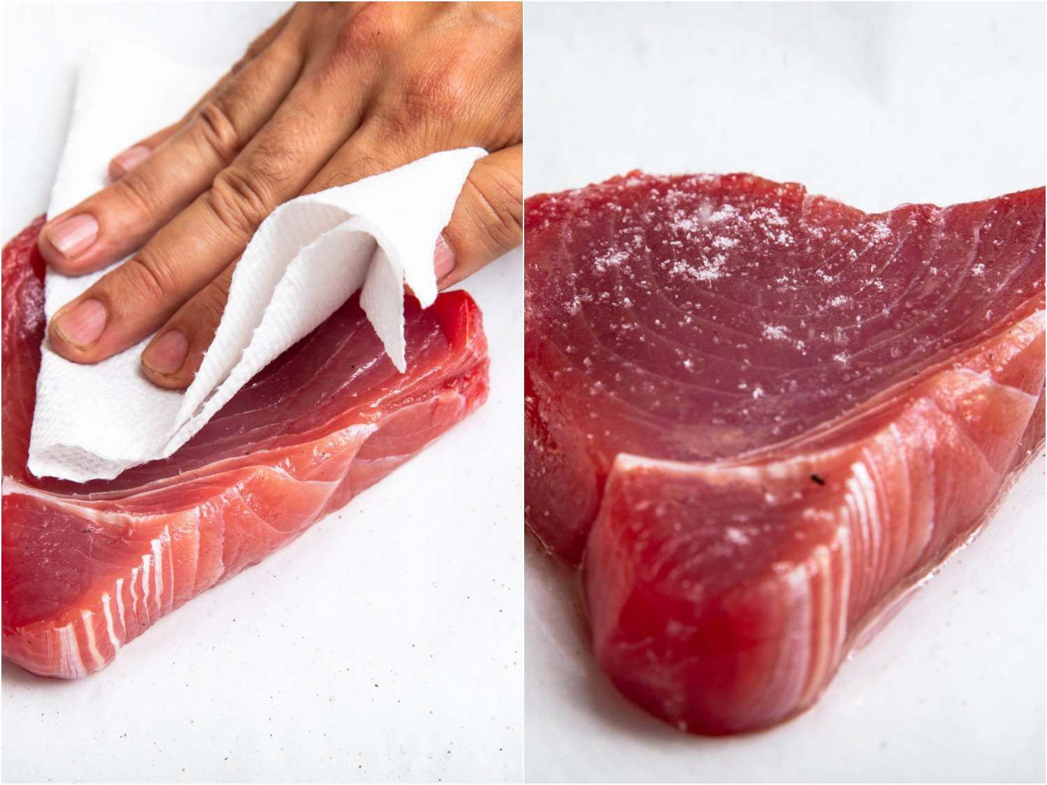 如左图所示，烤金枪鱼排前应先用纸巾擦干;然后用油轻轻揉搓，用盐调味(右图)