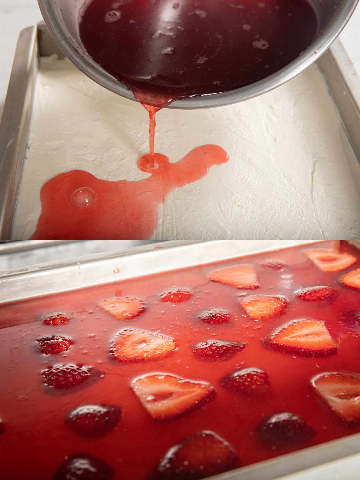 两个图像拼贴的草莓液体倾泻到奶油芝士和草莓在冰箱里液体