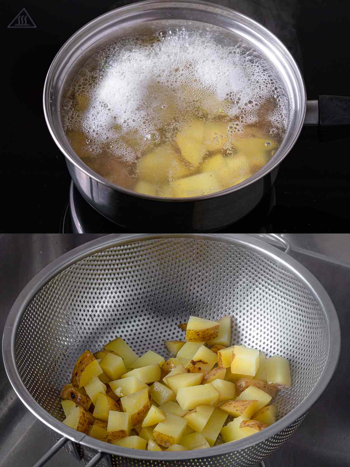 土豆在水中煮熟，然后用滤锅沥干