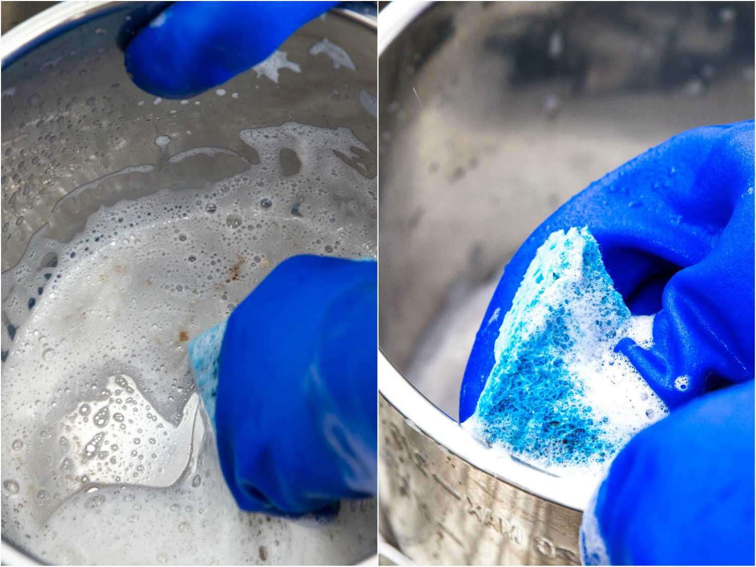 照片拼贴画的两个不同阶段的擦洗不锈钢锅用热肥皂水