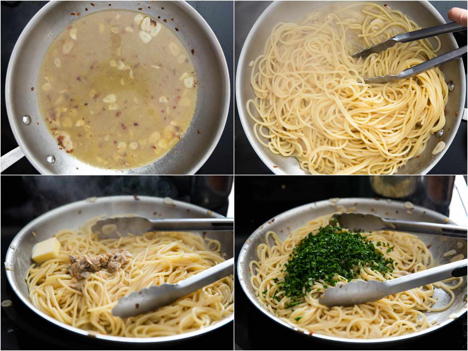 拼贴的意大利面被添加到锅充满黄油和大蒜gydF4y2Ba