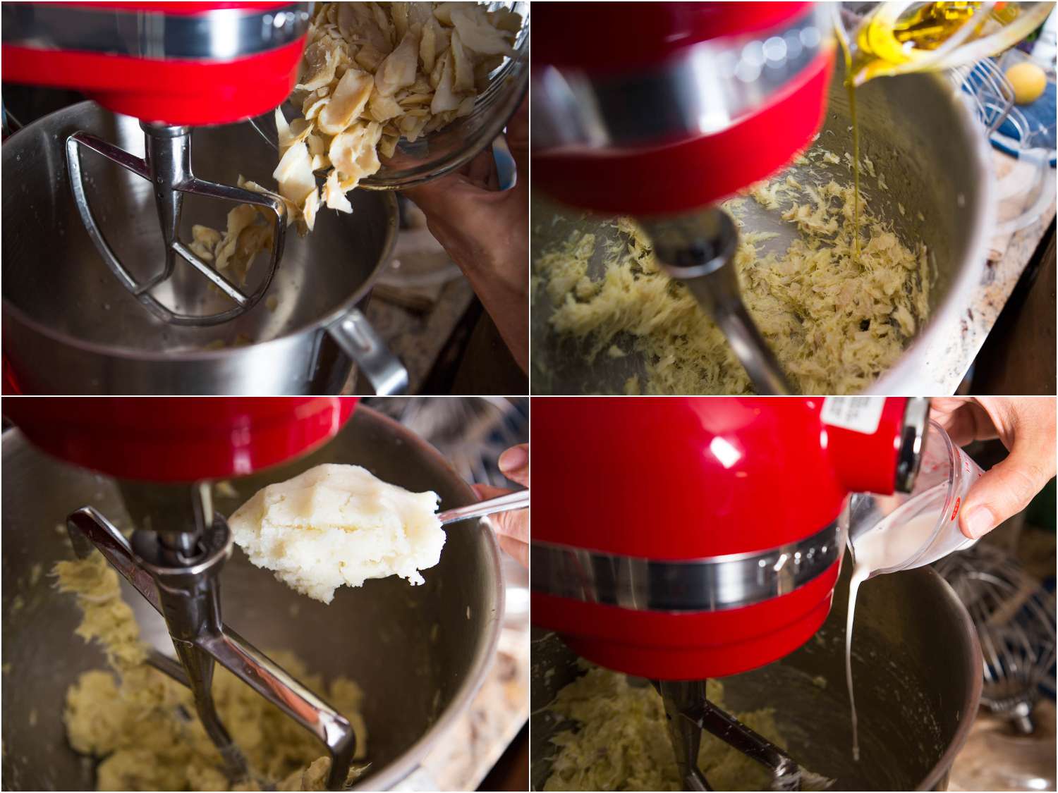 A collage showing the salt cod, oil, garlic, and half-and-half being added to the bowl of a red stand mixer.