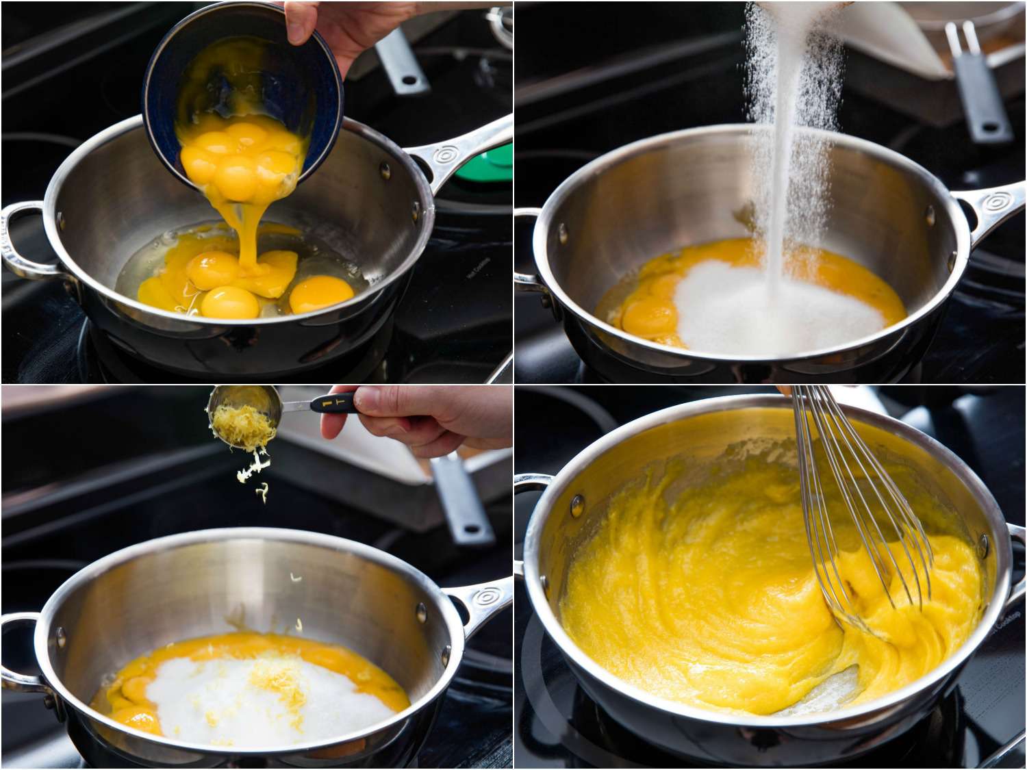照片拼贴显示搅拌鸡蛋，糖，柠檬皮一起在一个酱汁在炉子上做柠檬条馅料。
