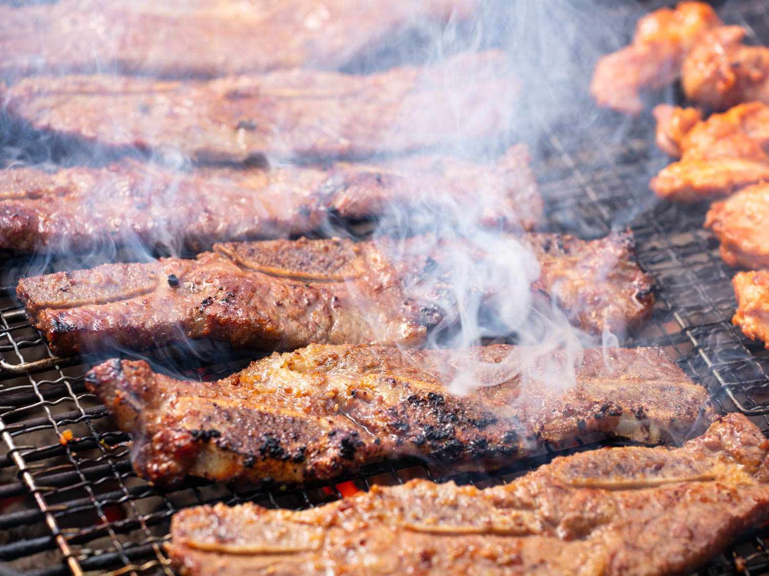 一缕缕烟雾缭绕着烤架上烤着的牛肉块。