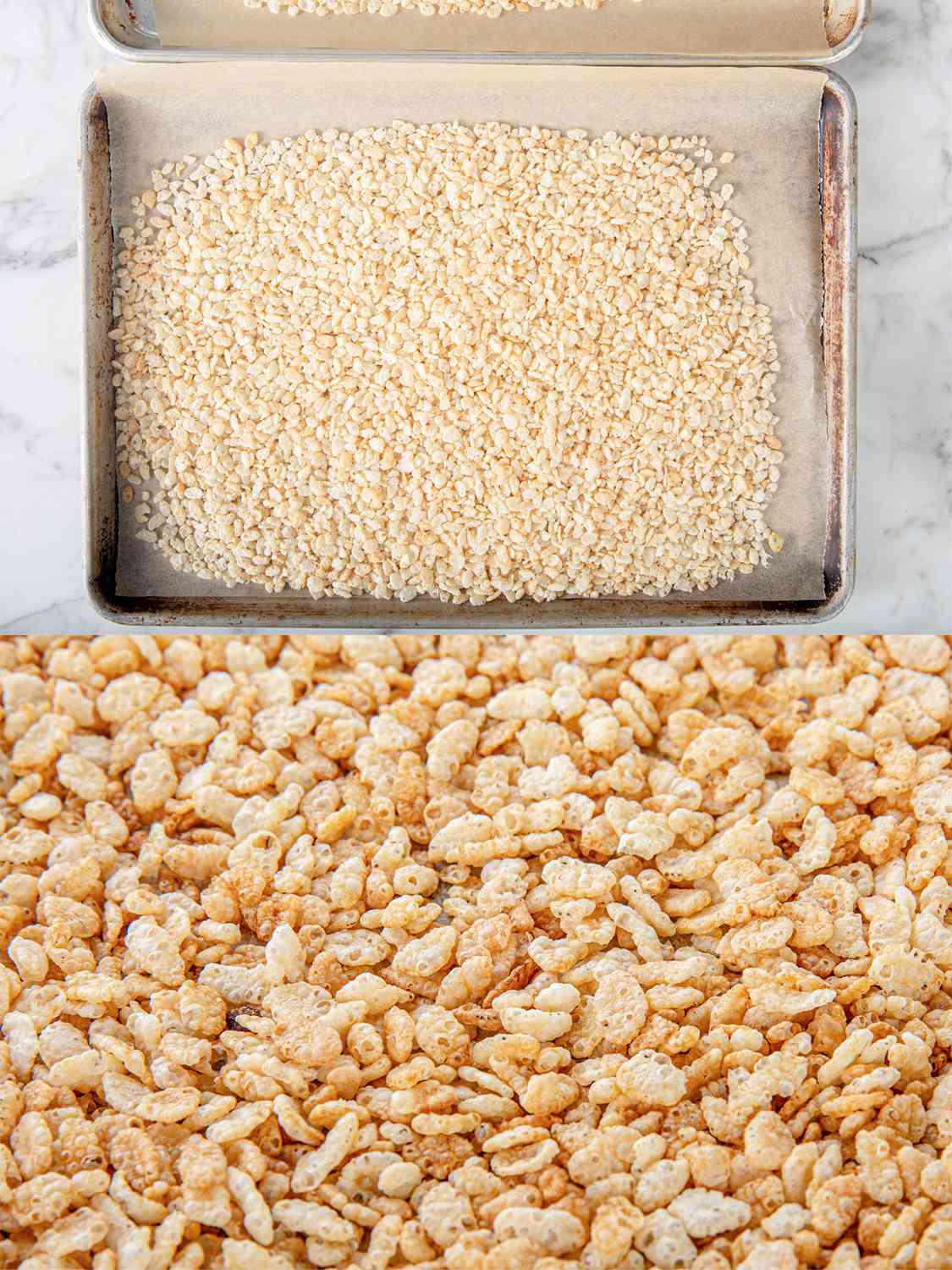 两个图像拼贴krispies大米传播在烤盘烤之前和之后