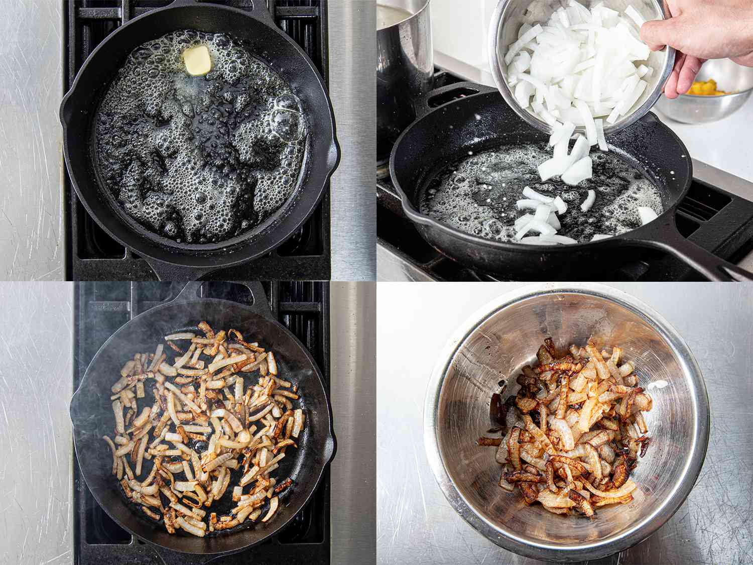 四个图像拼贴。左上:黄油在铸铁煎锅中融化。右上:将洋葱放入铸铁煎锅中。左下:在铸铁煎锅中煎洋葱。右下:金属碗里的洋葱