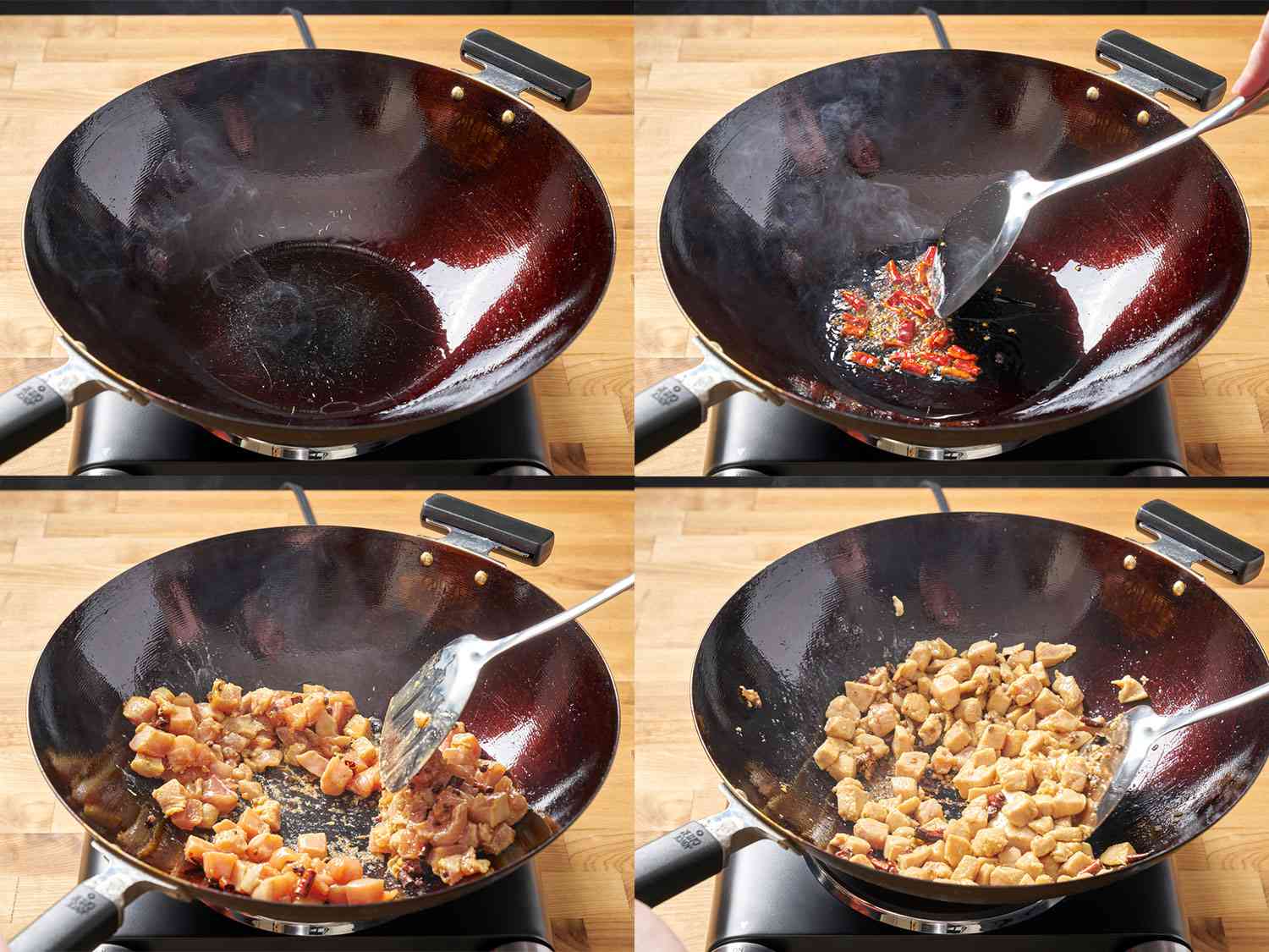 这是一幅四幅拼贴画，展示了在冒烟的锅里煮辣椒，然后加入鸡肉，直到没有粉红色。gydF4y2Ba