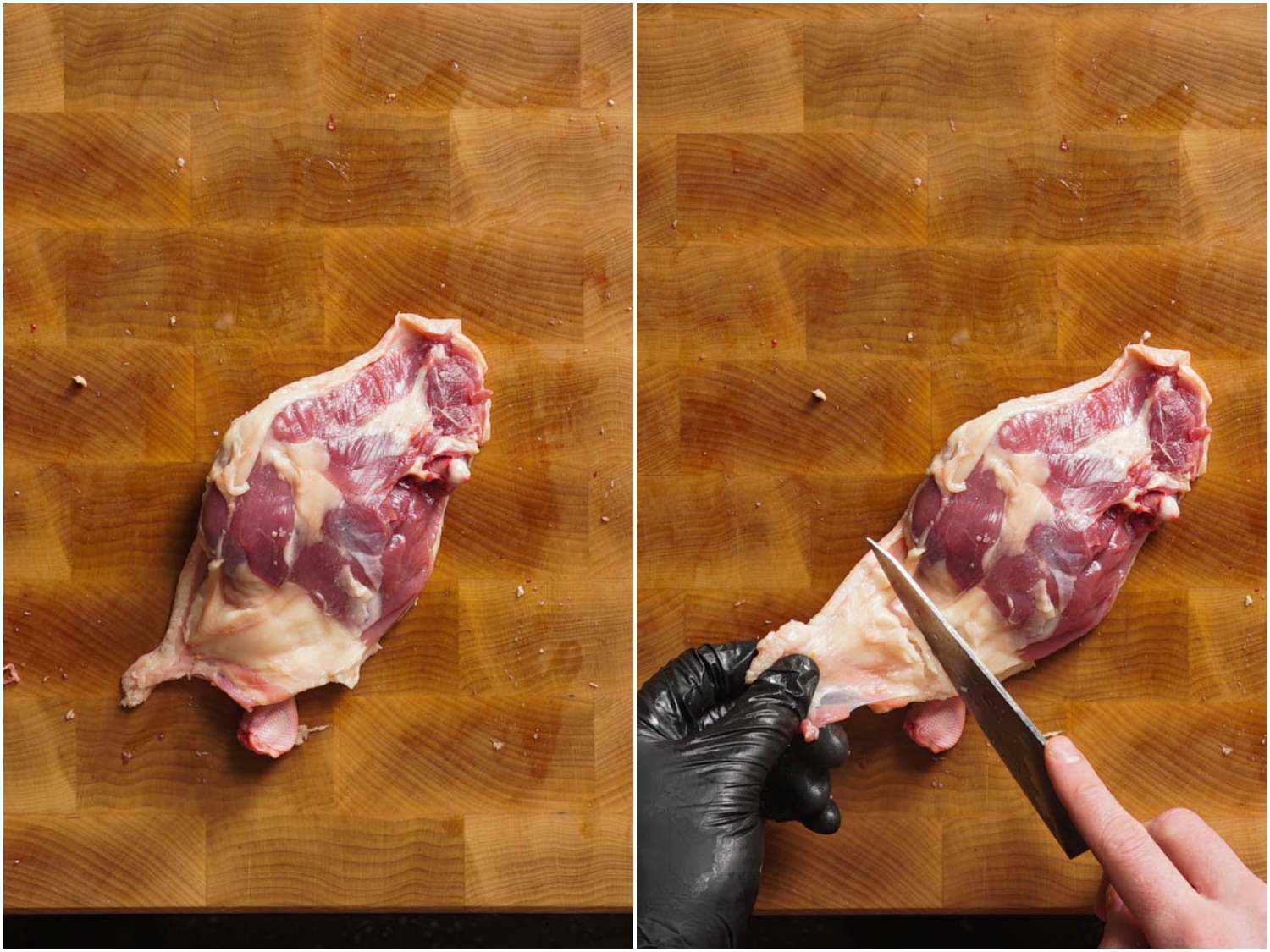 照片拼贴显示去除多余的皮肤和脂肪从鸭腿四分之一。