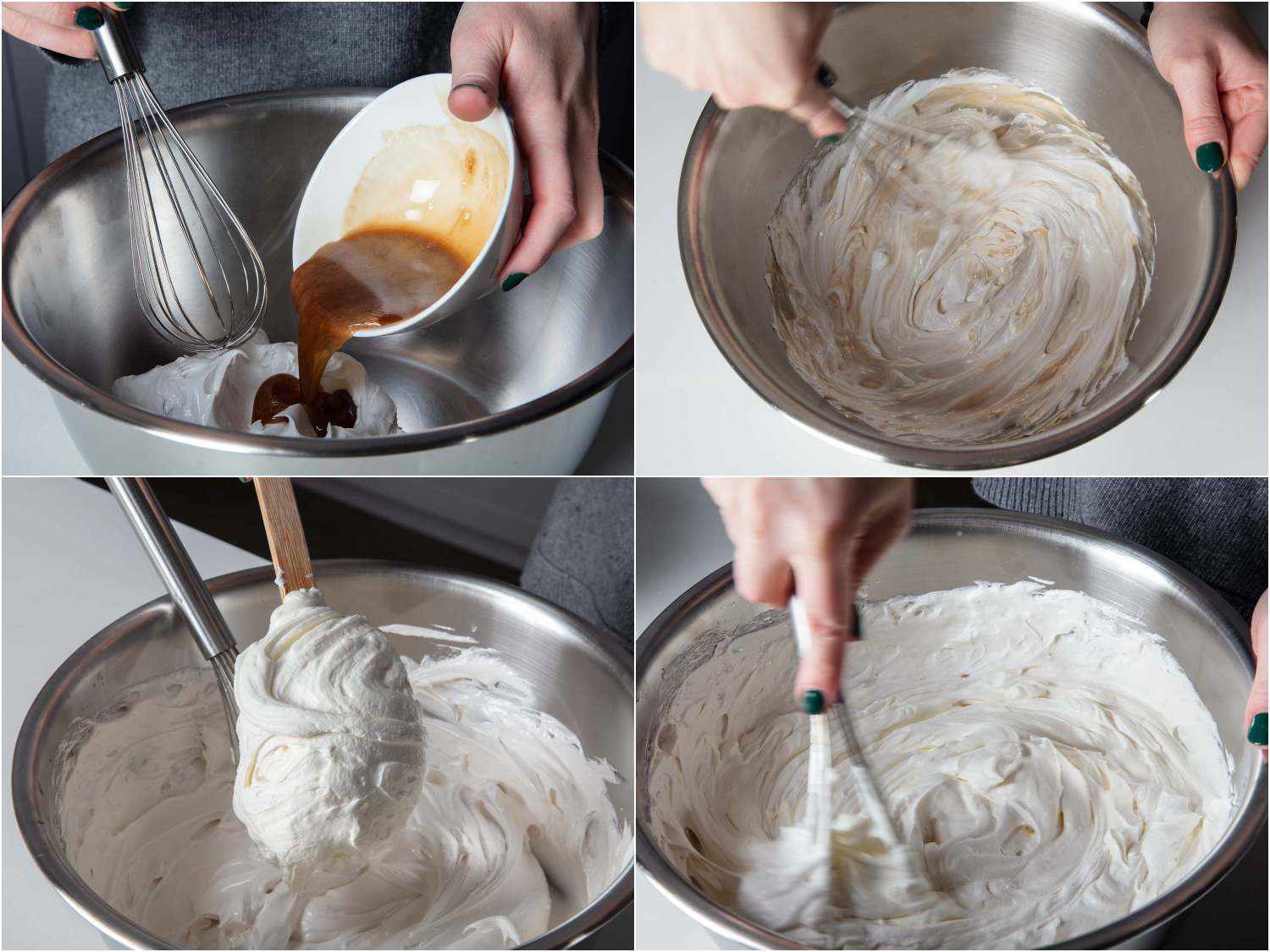 拼贴:在蛋白霜中加入明胶，用打蛋器搅拌，加入希腊酸奶/奶油混合物，搅拌均匀。gydF4y2Ba