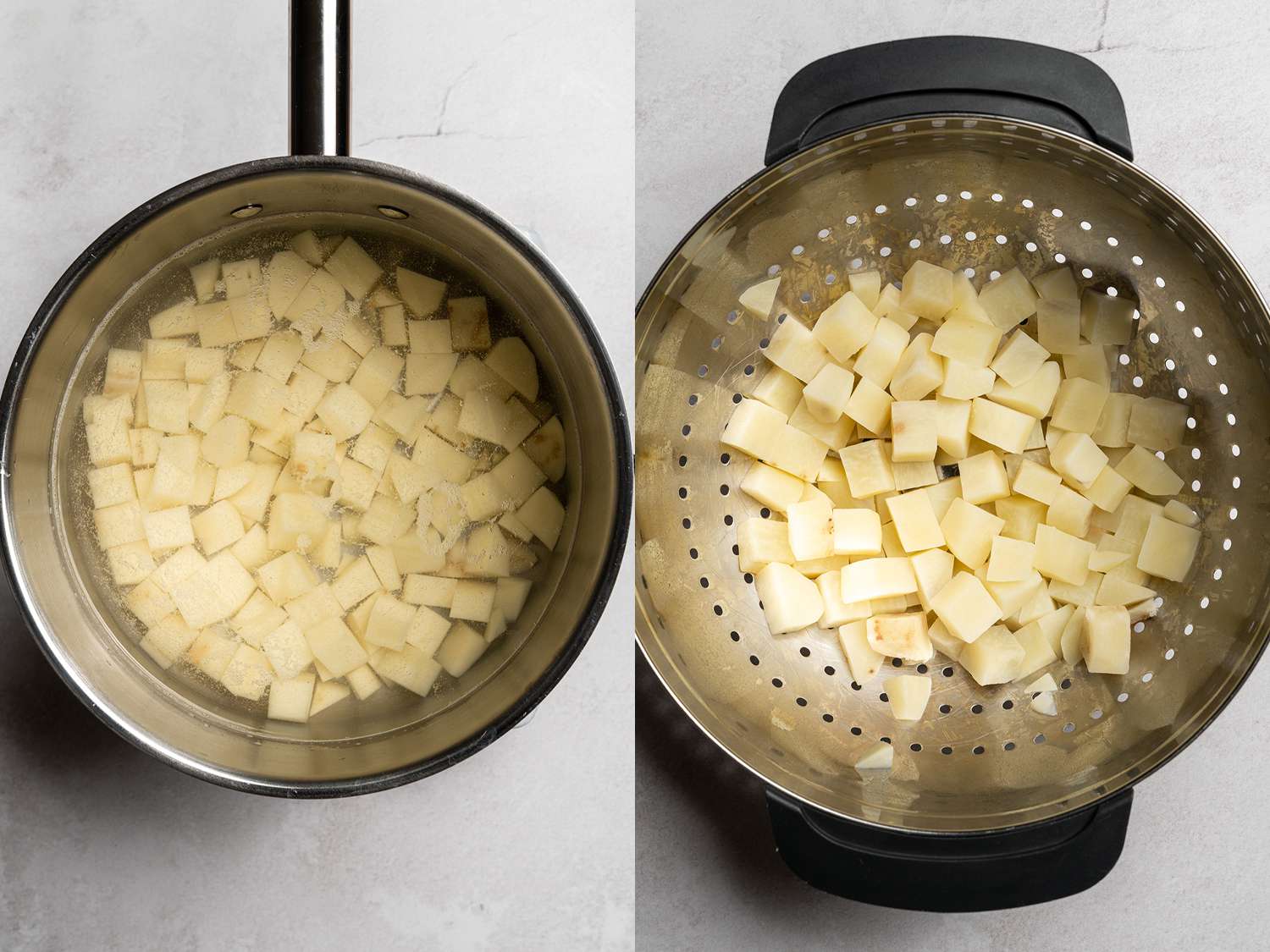 Potatoes in a pot of water, then added to a colander