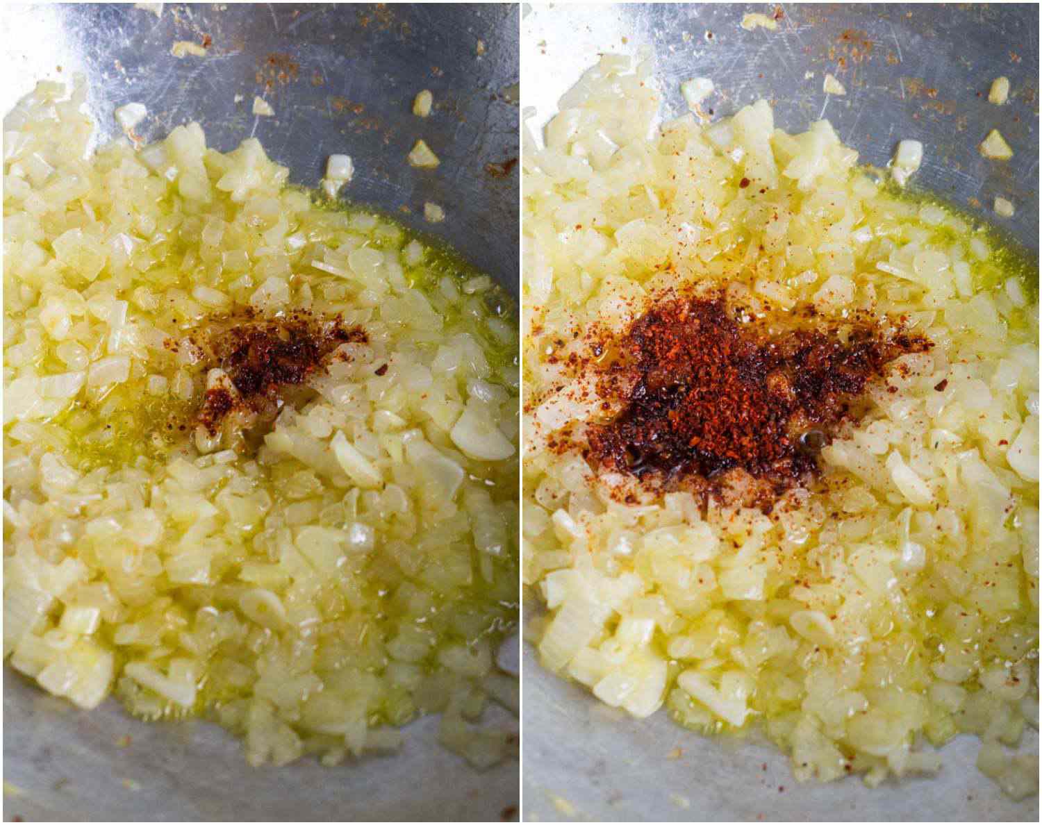 洋葱丁sautéing放在锅里的并排照片显示，最初加入了非常少量的非常辣的辣椒粉;第二张照片显示了在上面添加了大量不太热的辣椒粉，展示了如何在不自动增加热量的情况下增加辣椒粉的数量