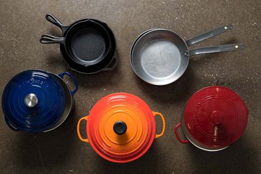 Cast iron and carbon steel cookware, plus enameled cast iron Dutch ovens