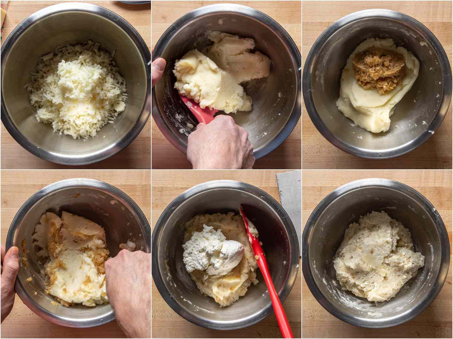 将米马铃薯，洋葱和农夫奶酪混合在碗里做饺子馅。