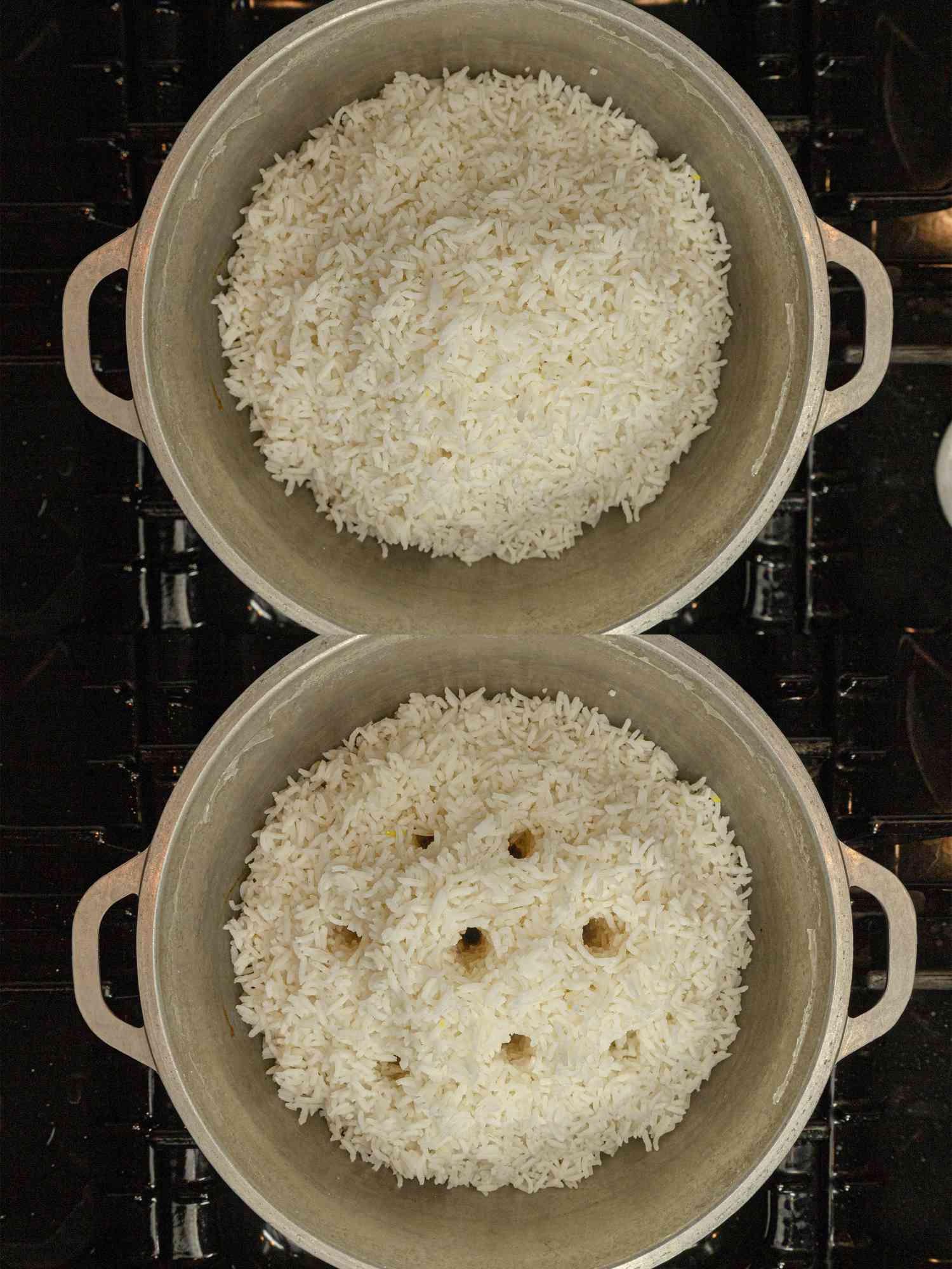 两幅拼贴画，把米饭堆在一个锅里，在米饭堆上戳了7个洞