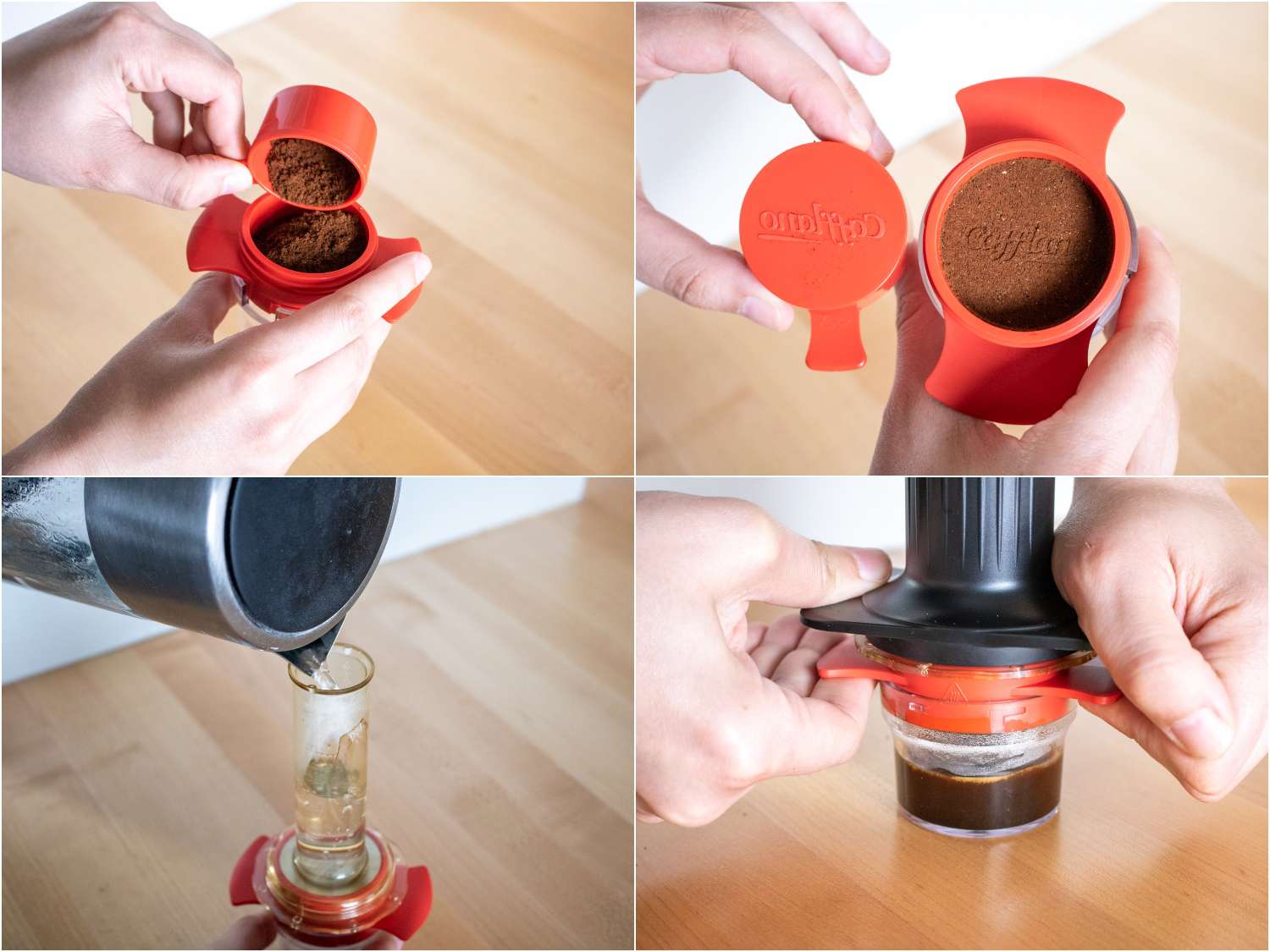拼贴使用Cafflano Kompresso手动咖啡机:使用剂量勺子;填塞;水填满;以武力来提取了