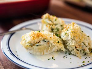 Seafood stuffed shells covered in golden breadcrumbs