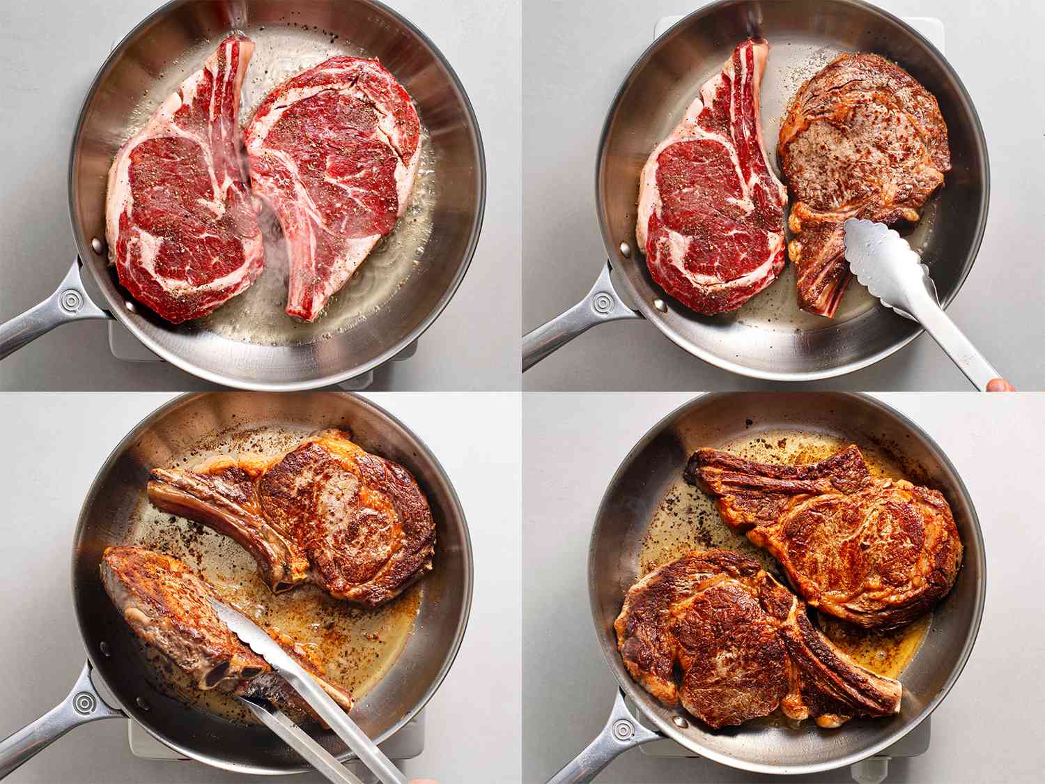 四幅拼贴画展示了带骨的肋眼牛排在不锈钢煎锅里烤。gydF4y2Ba