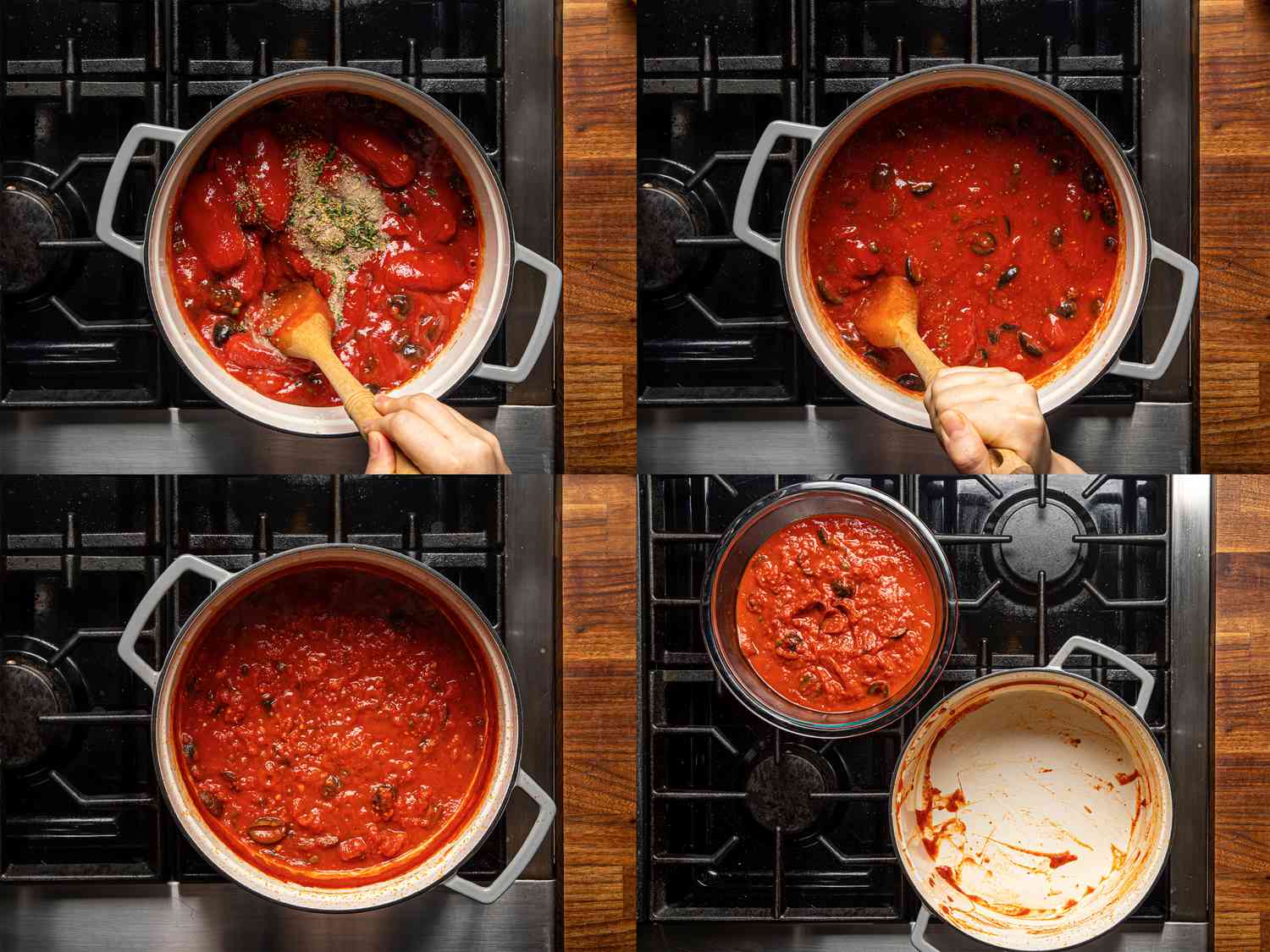 Four image collage of adding tomatoes and spices, stirring, boiling and removing sauce from dutch oven