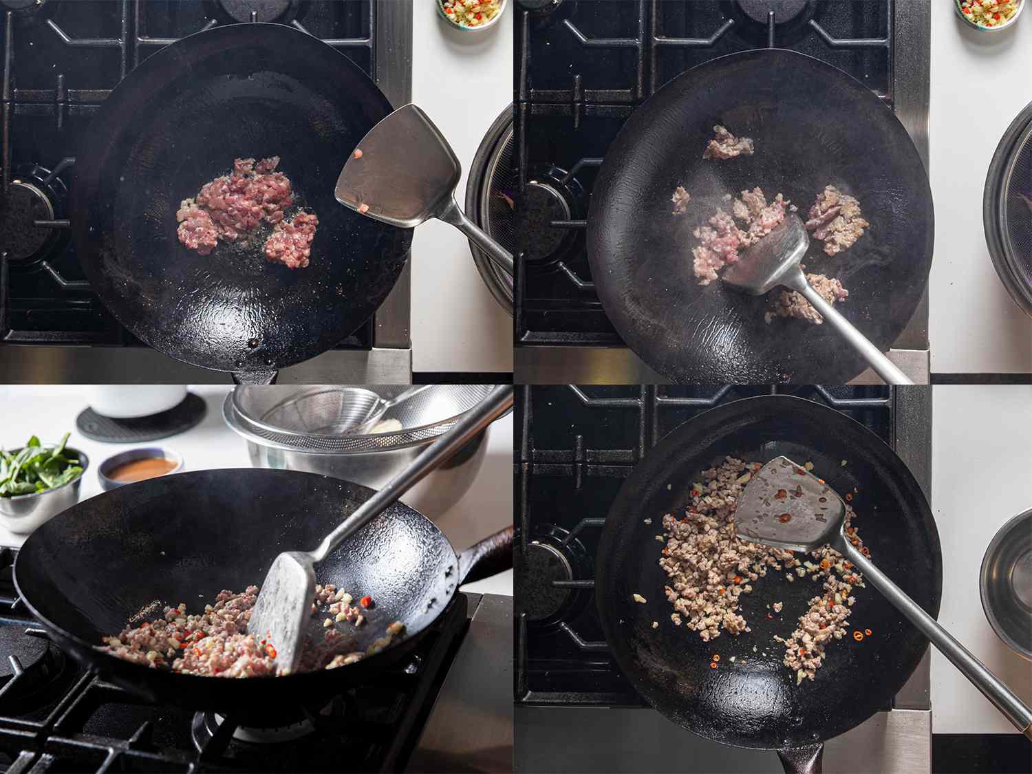 四张照片拼贴:锅里的猪肉加油，金属刮刀翻炒猪肉，搅拌辣椒的侧视图，锅里煮熟的猪肉和辣椒的俯视图