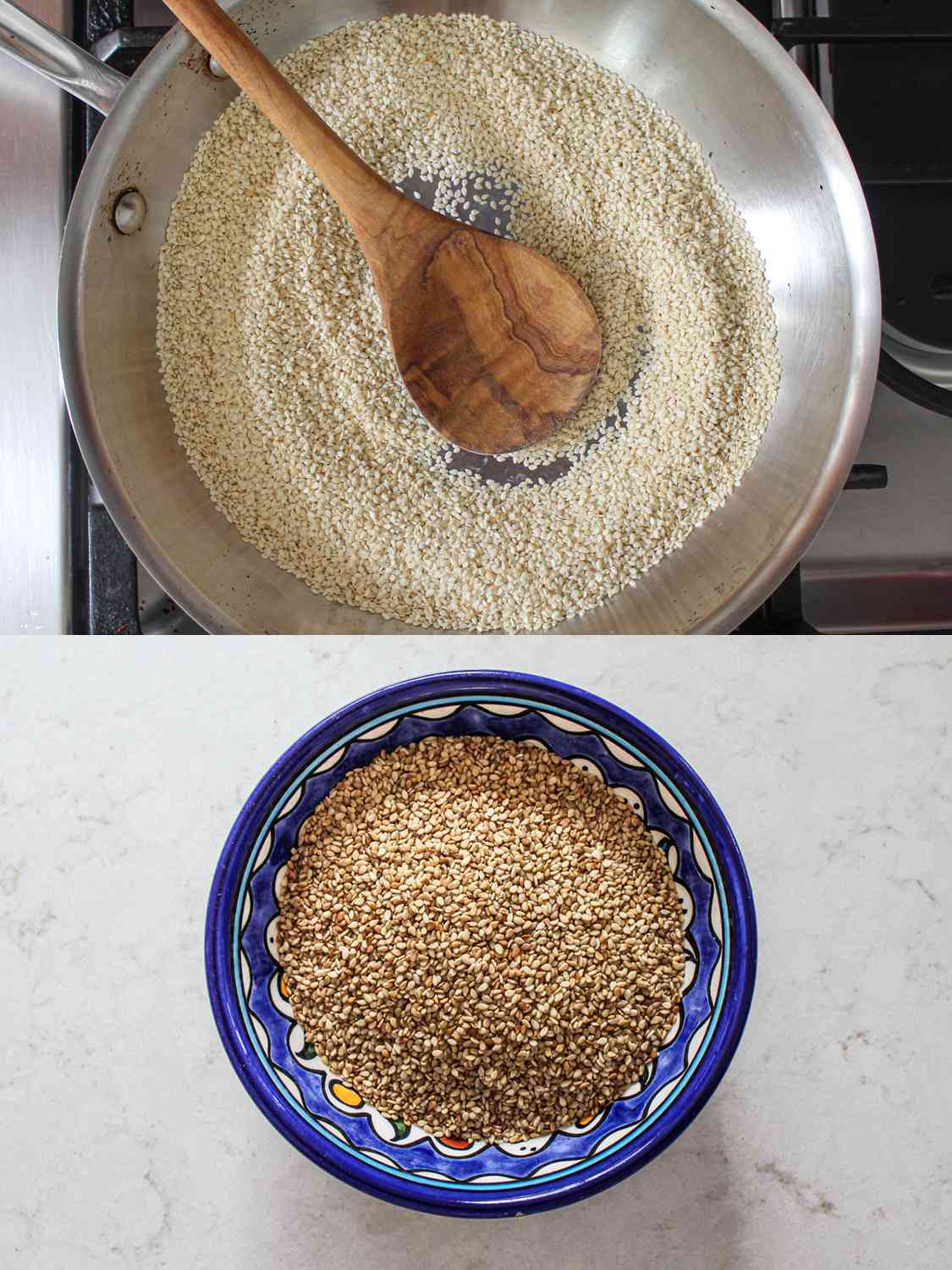两幅图像拼贴。上图:用木勺将芝麻放入平底锅中。下图:蓝色碗里的烤芝麻。