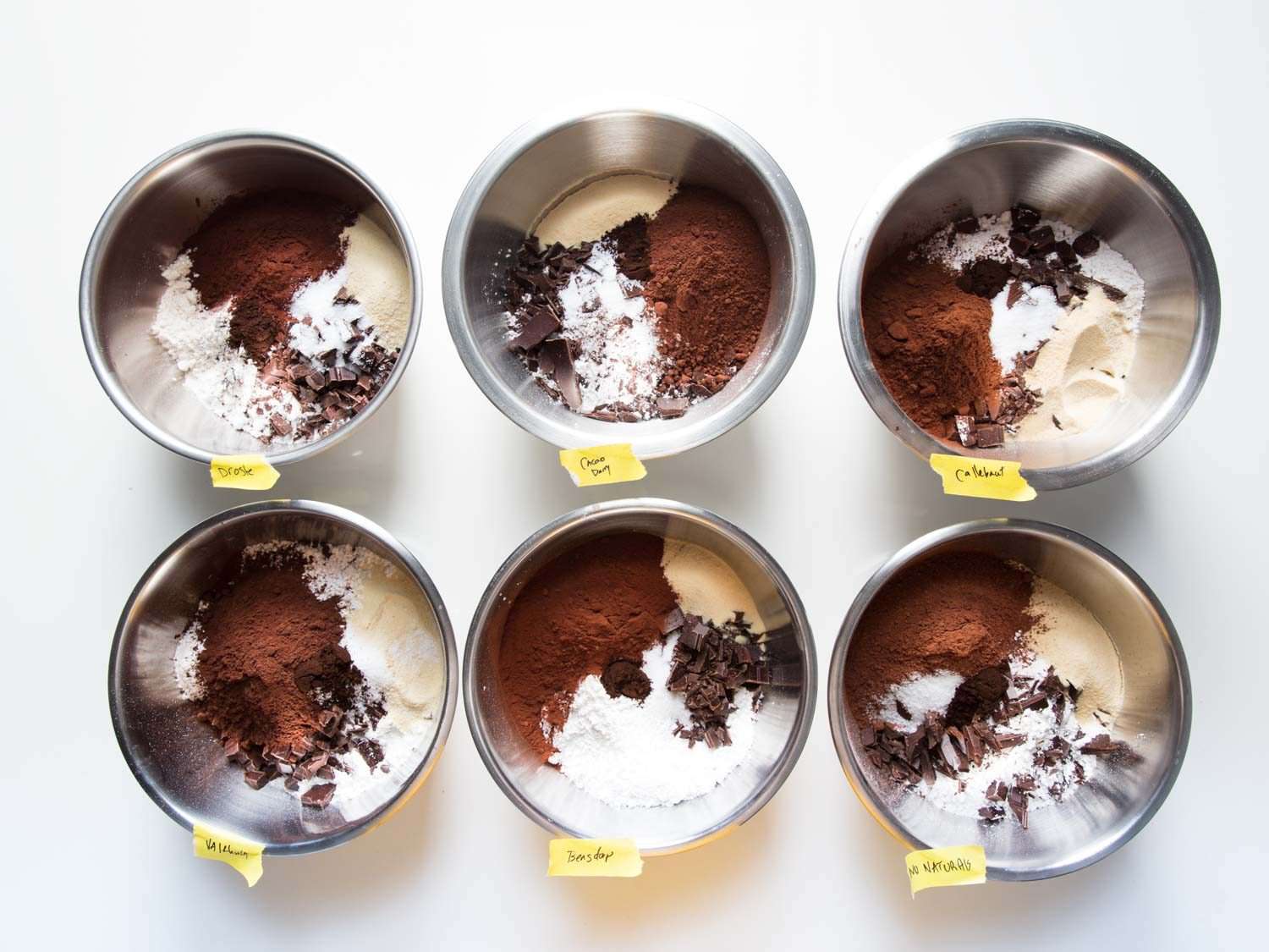 俯拍6个碗，里面装着自制巧克力蛋糕的配料，每个碗里都有不同品种的荷兰可可开云体育波胆
