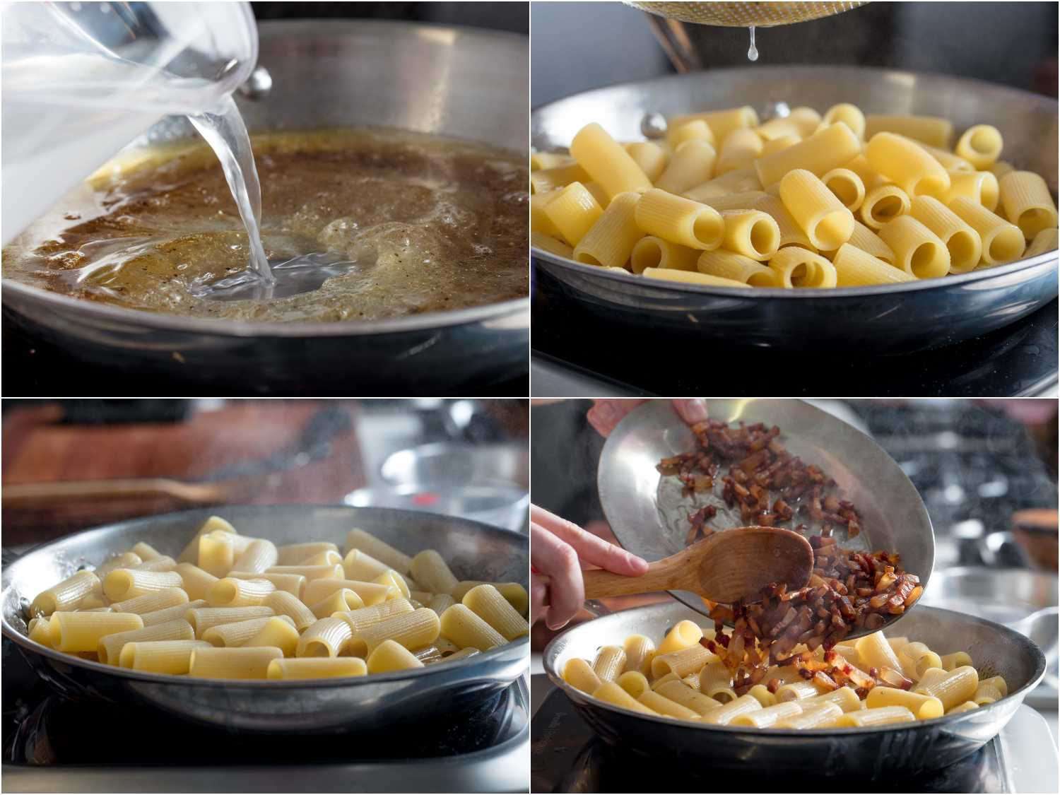制作酱汁乳剂和长时间煮面食的工艺镜头。