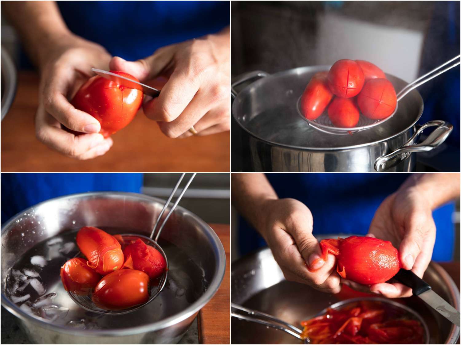 番茄剥皮拼贴:在番茄末端划上记号，用蜘蛛把番茄放入热水中，取出焯过水的番茄，剥去皮
