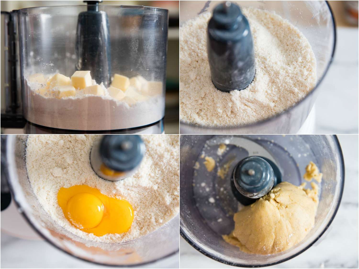 在食品加工机中混合的干料、黄油开云体育波胆和蛋黄拼贴画。