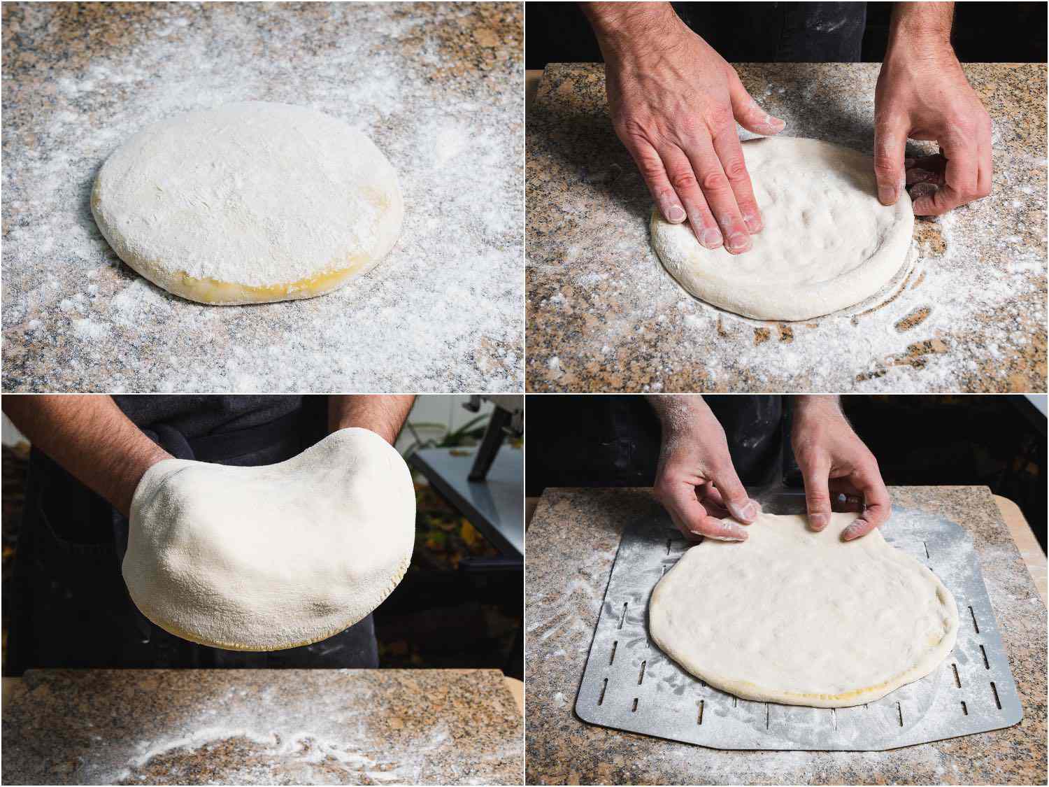 拼贴画显示部分披萨面团被拉伸成圆形，并放置在穿孔的金属披萨皮上