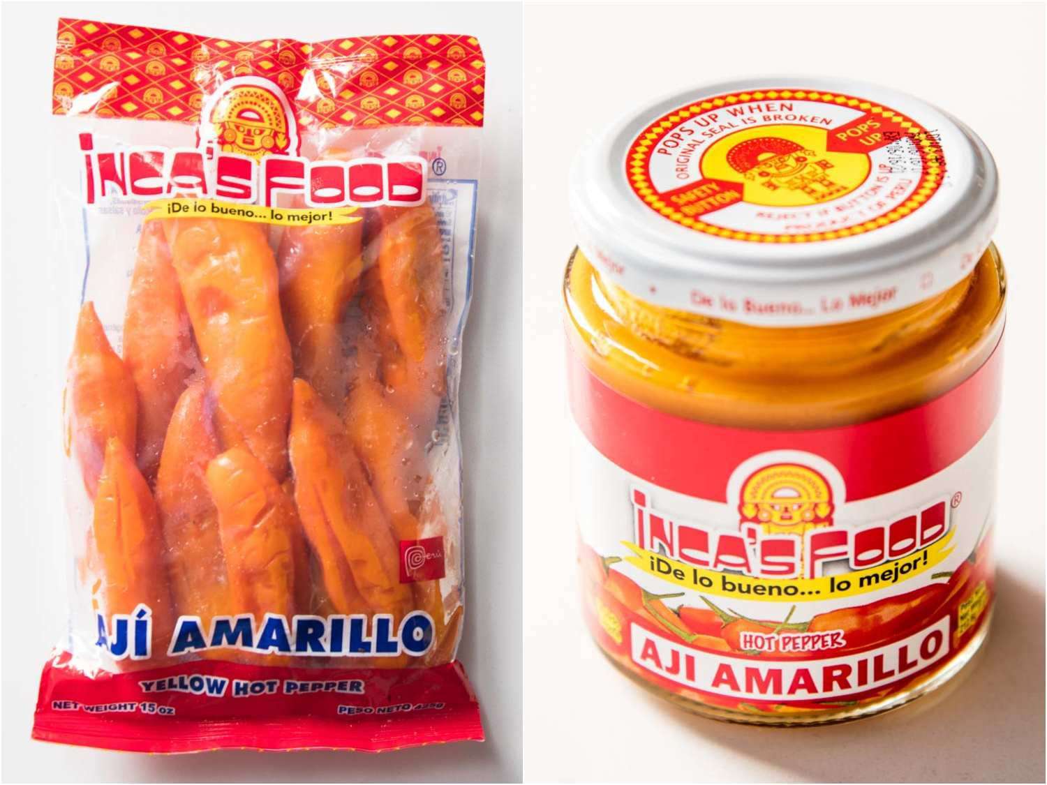 拼贴的橙色阿吉阿马里洛辣椒包装和罐膏形式