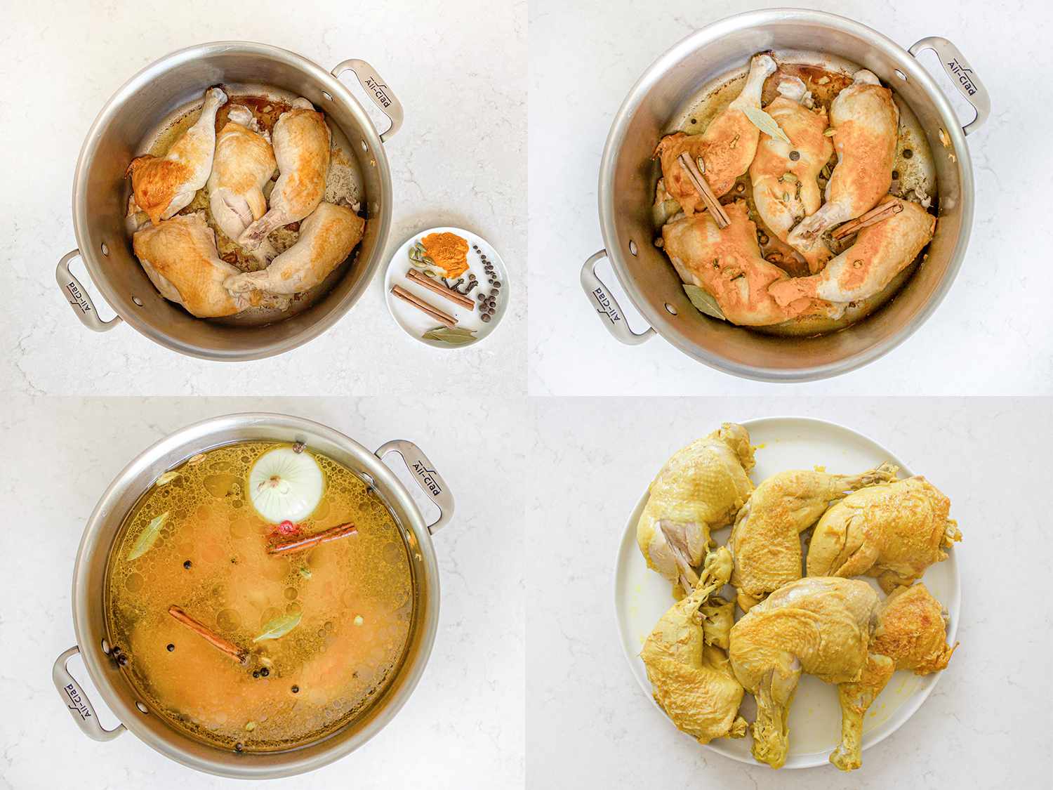 四幅图像拼贴。从左上起顺时针方向:锅里煮熟的鸡肉和香料放在一边的小盘子里;鸡在锅上撒满香料;鸡肉加香料、洋葱和肉汤;煮熟的鸡从锅里拿出来，然后装盘。