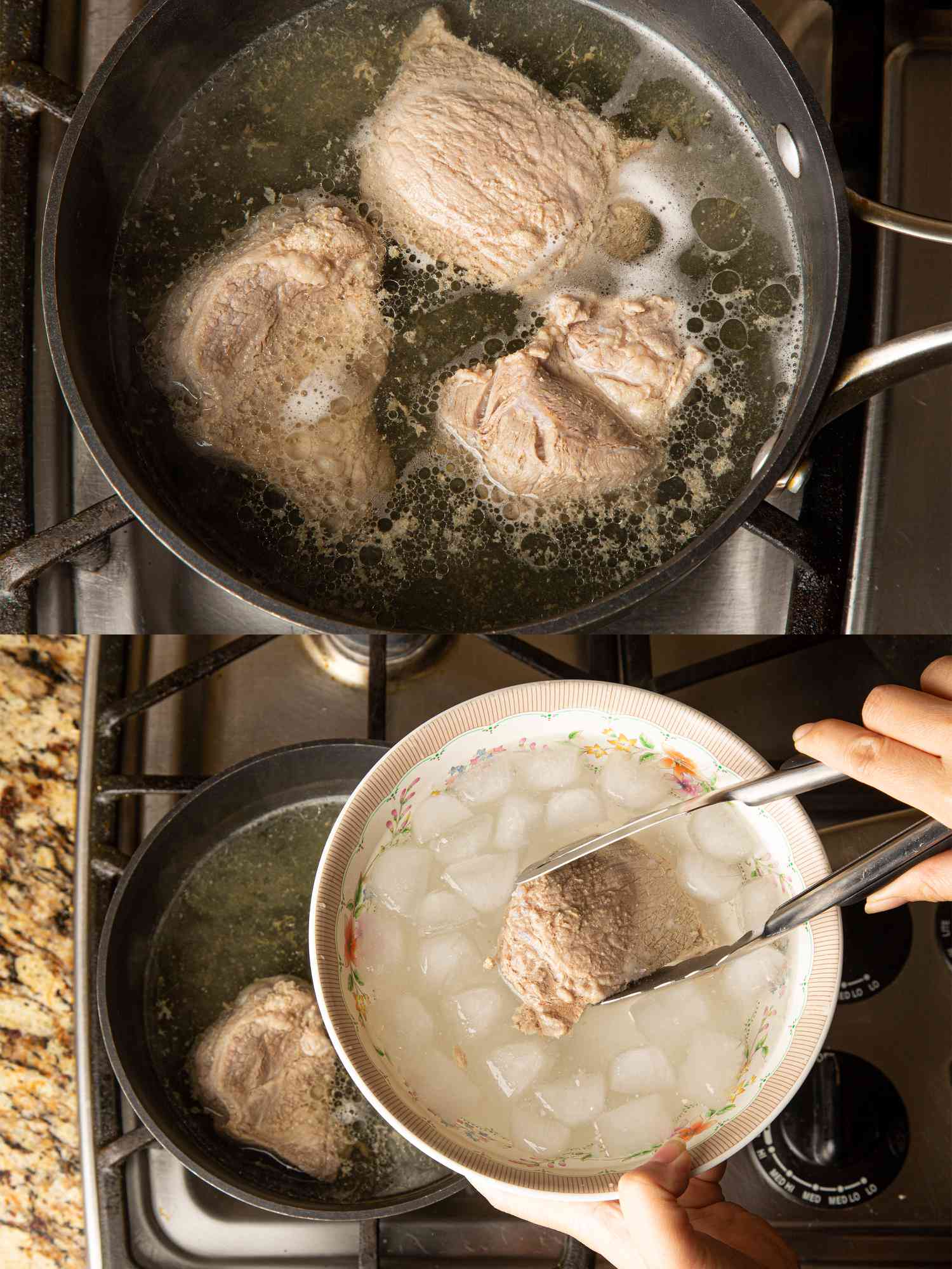 两个图像拼贴猪肉的屁股在锅做饭,然后被浸在冰浴gydF4y2Ba