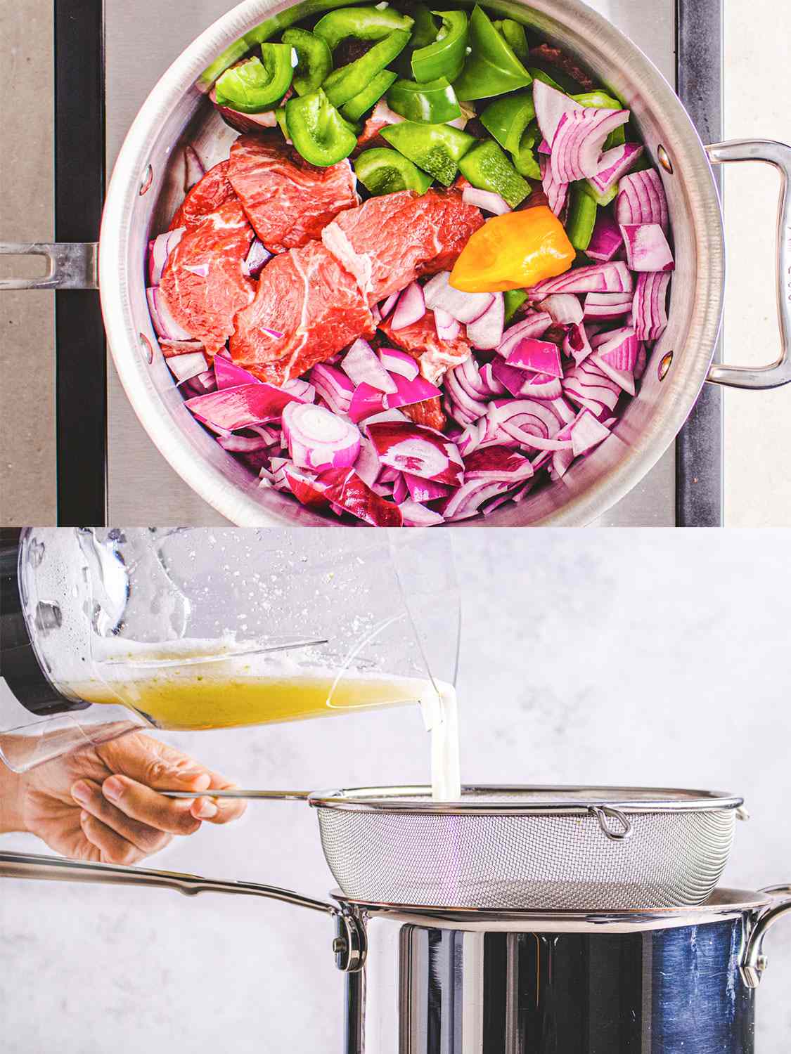 两幅拼贴画，蔬菜在锅里煮熟，然后汤汁滤入锅中
