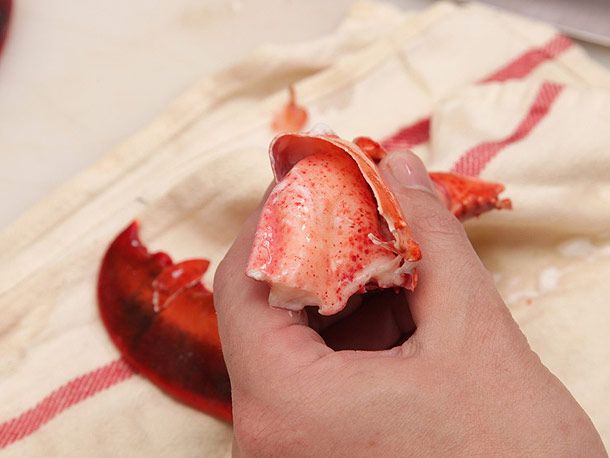 露出裂开的龙虾爪里的大块肉