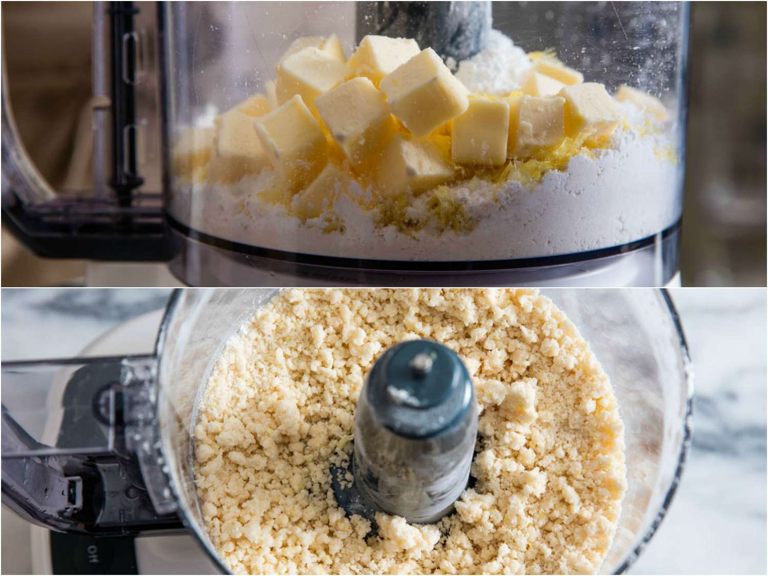 将黄油、糖和柠檬皮放在食品加工机中搅拌，制成柠檬棒皮。
