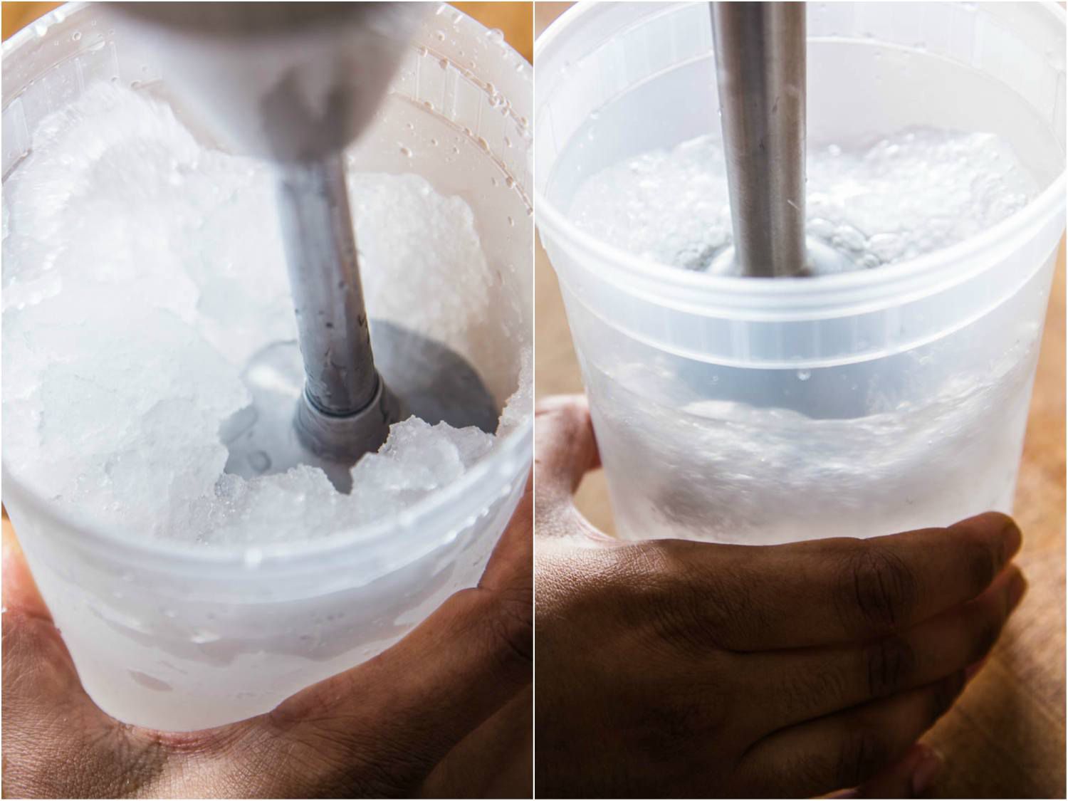 用沉浸式搅拌器的拼贴照片压碎冰在一个塑料容器中