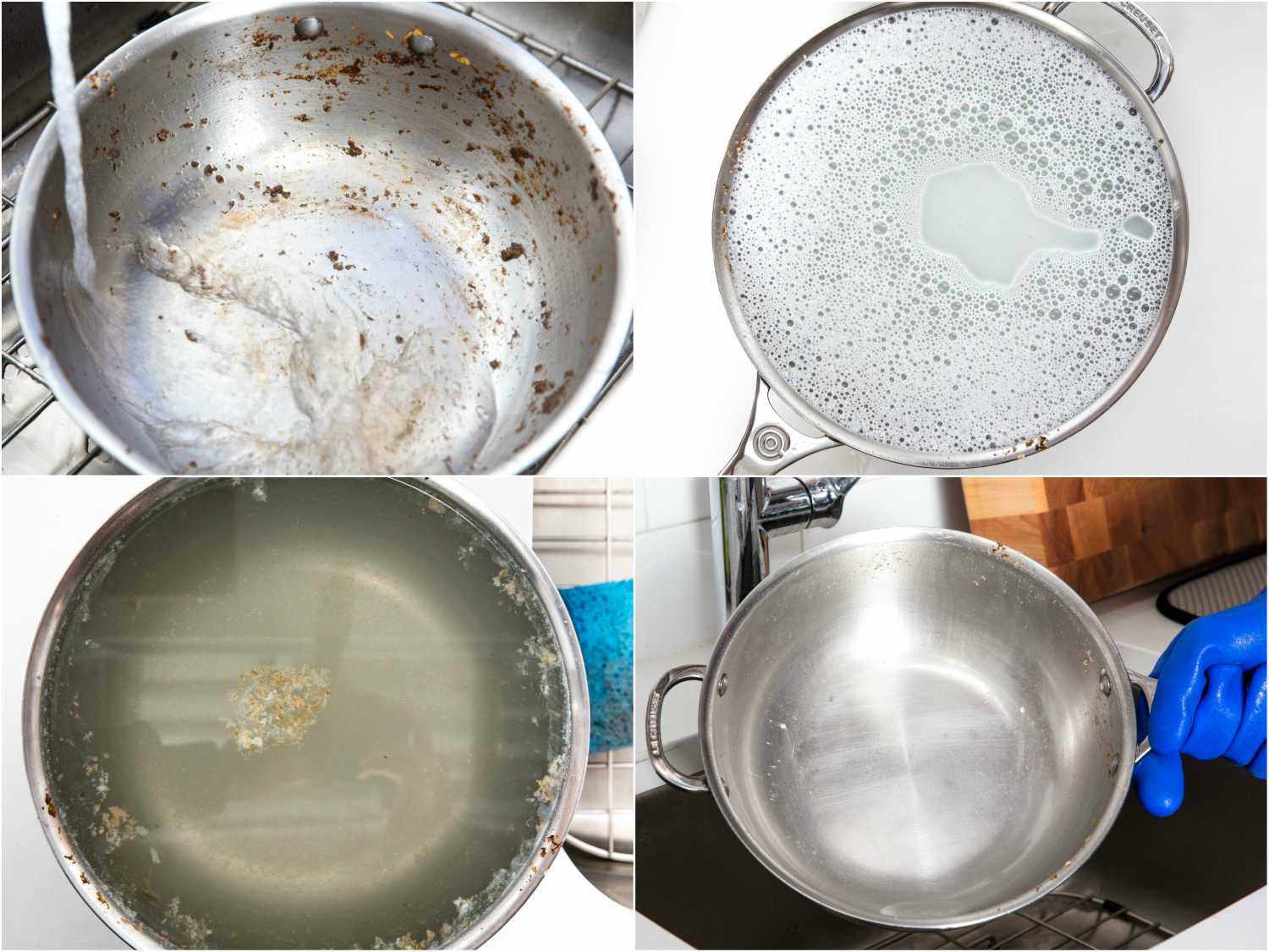 拼贴显示阶段,浸泡一个不锈钢锅:脏锅填满水,用肥皂水补充道,水与食物碎片漂浮在上面,清洗锅